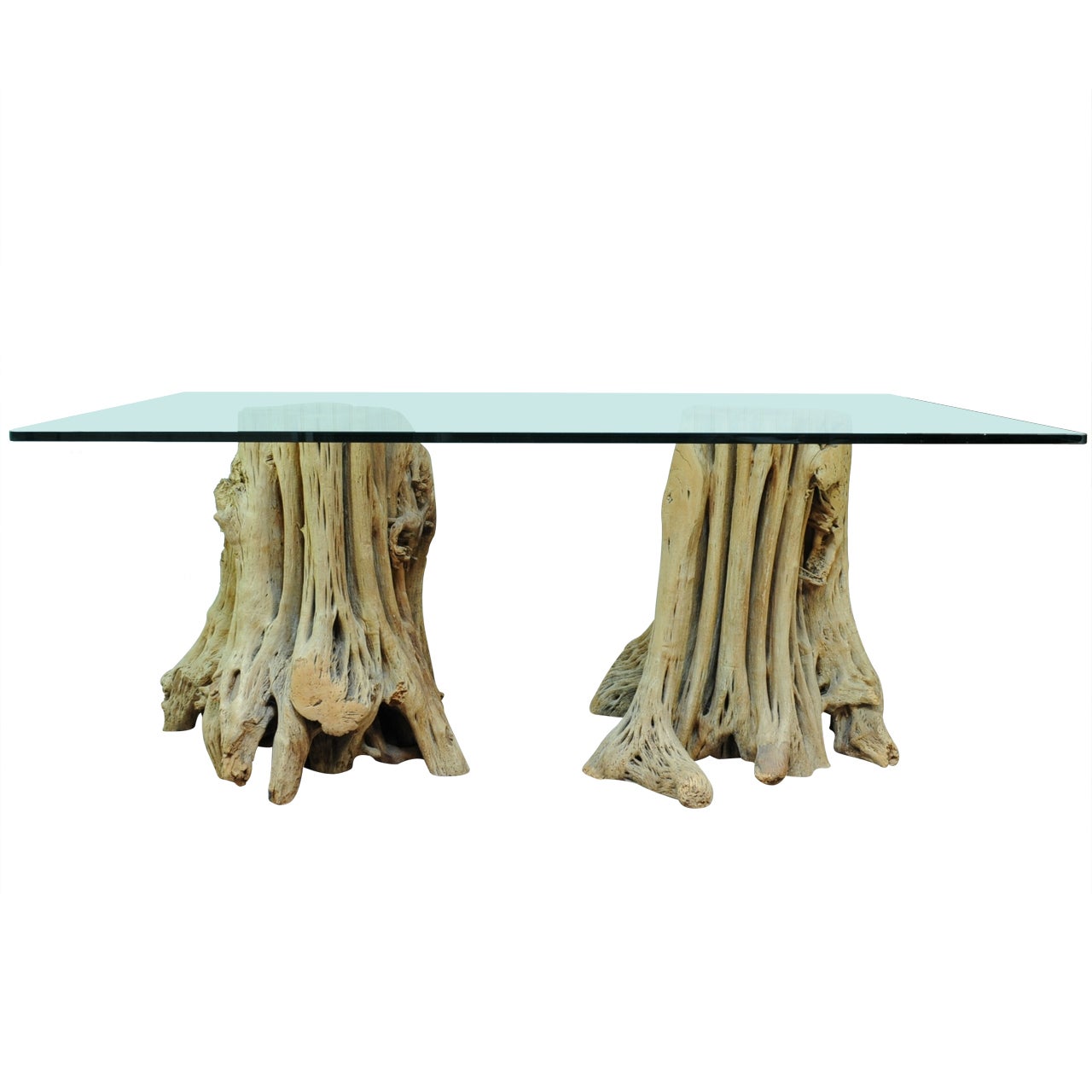 Mid-Century Modern 2 Troncs de racines de cyprès Bois flotté Table de salle à manger Bureau à double piédestal en vente