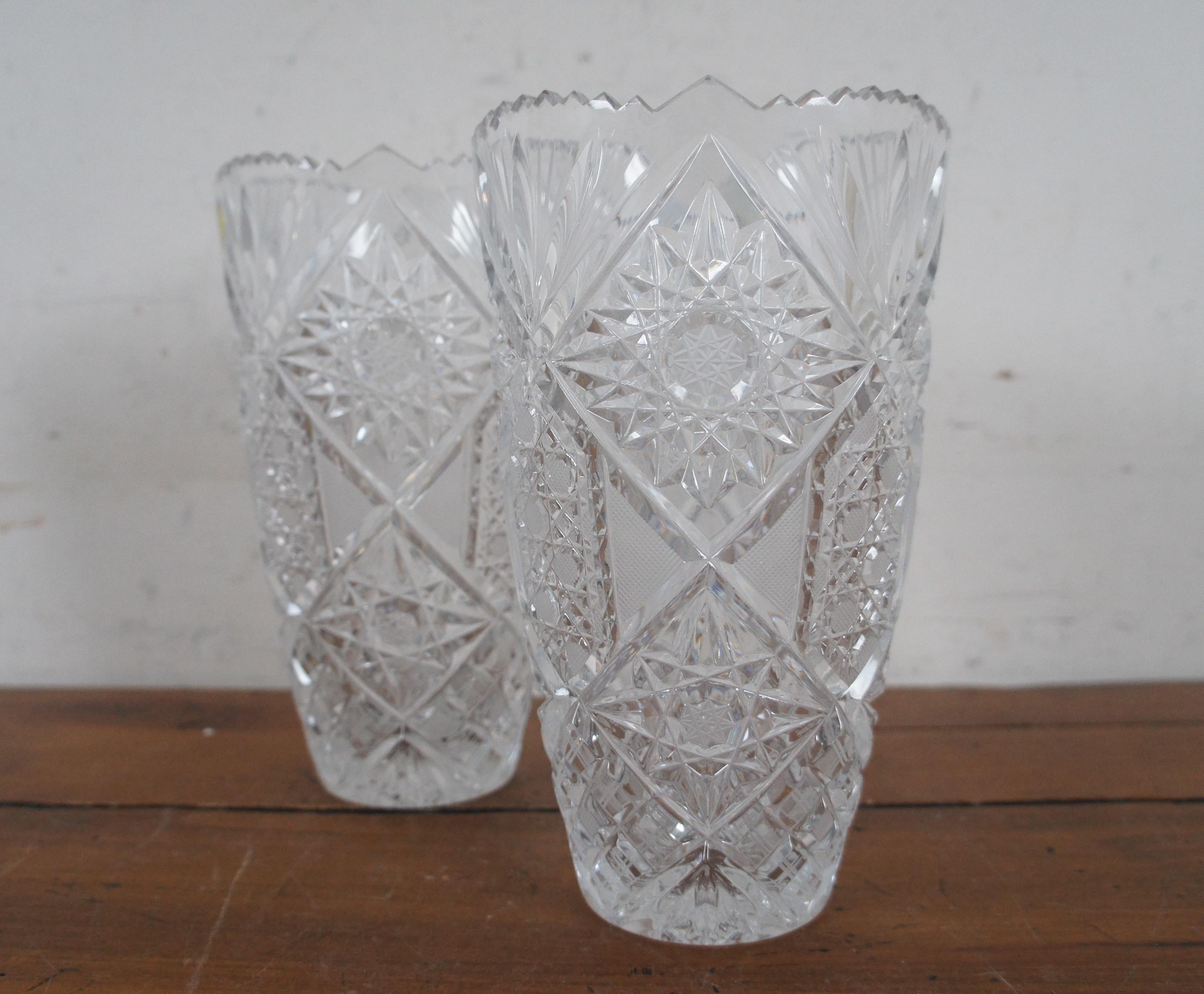 2 Czech Bohemian Hand Cut Crystal Queen Lace Sawtooth Flower Vases Pair 9
