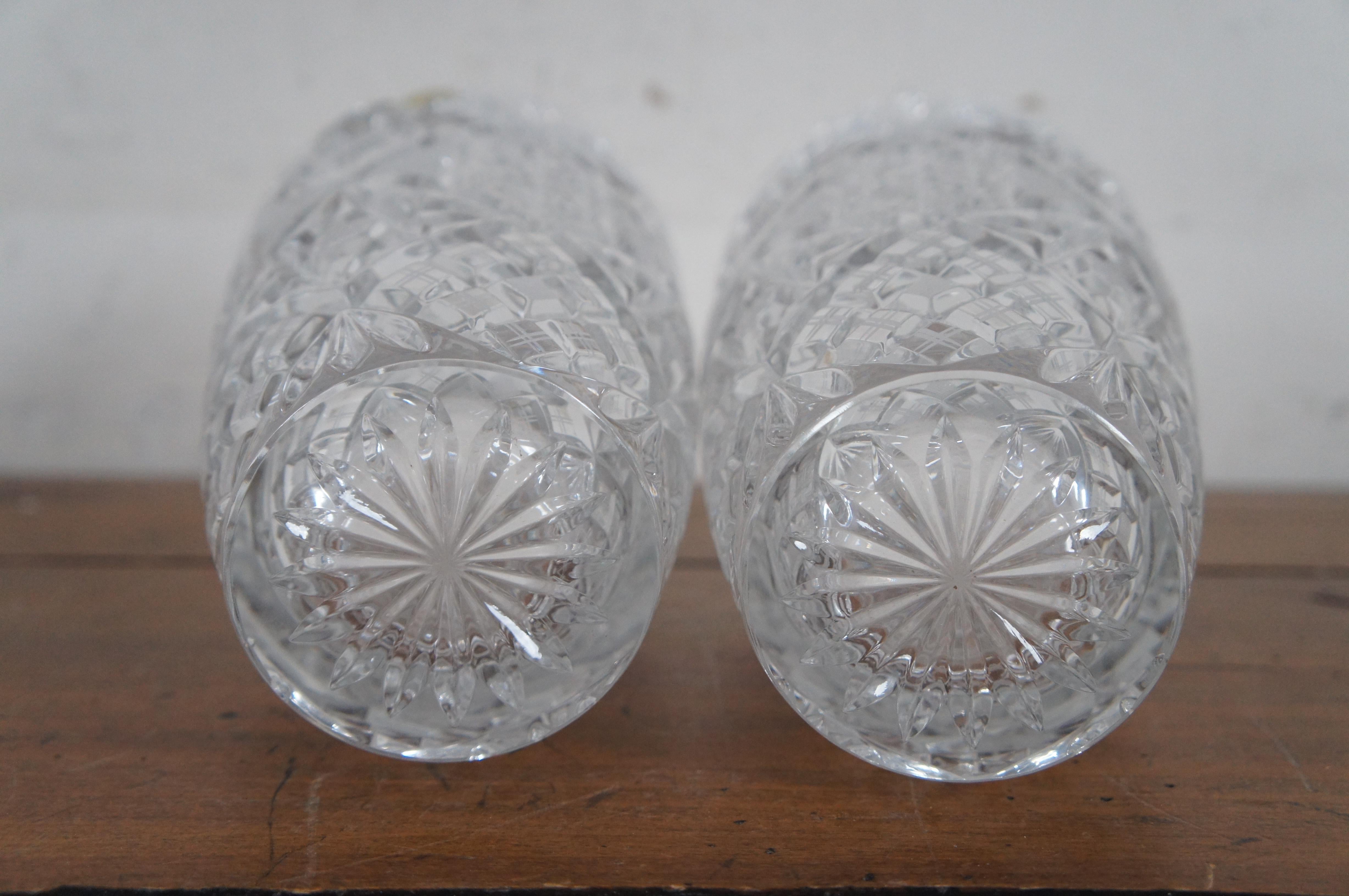 2 Czech Bohemian Hand Cut Crystal Queen Lace Sawtooth Flower Vases Pair 9