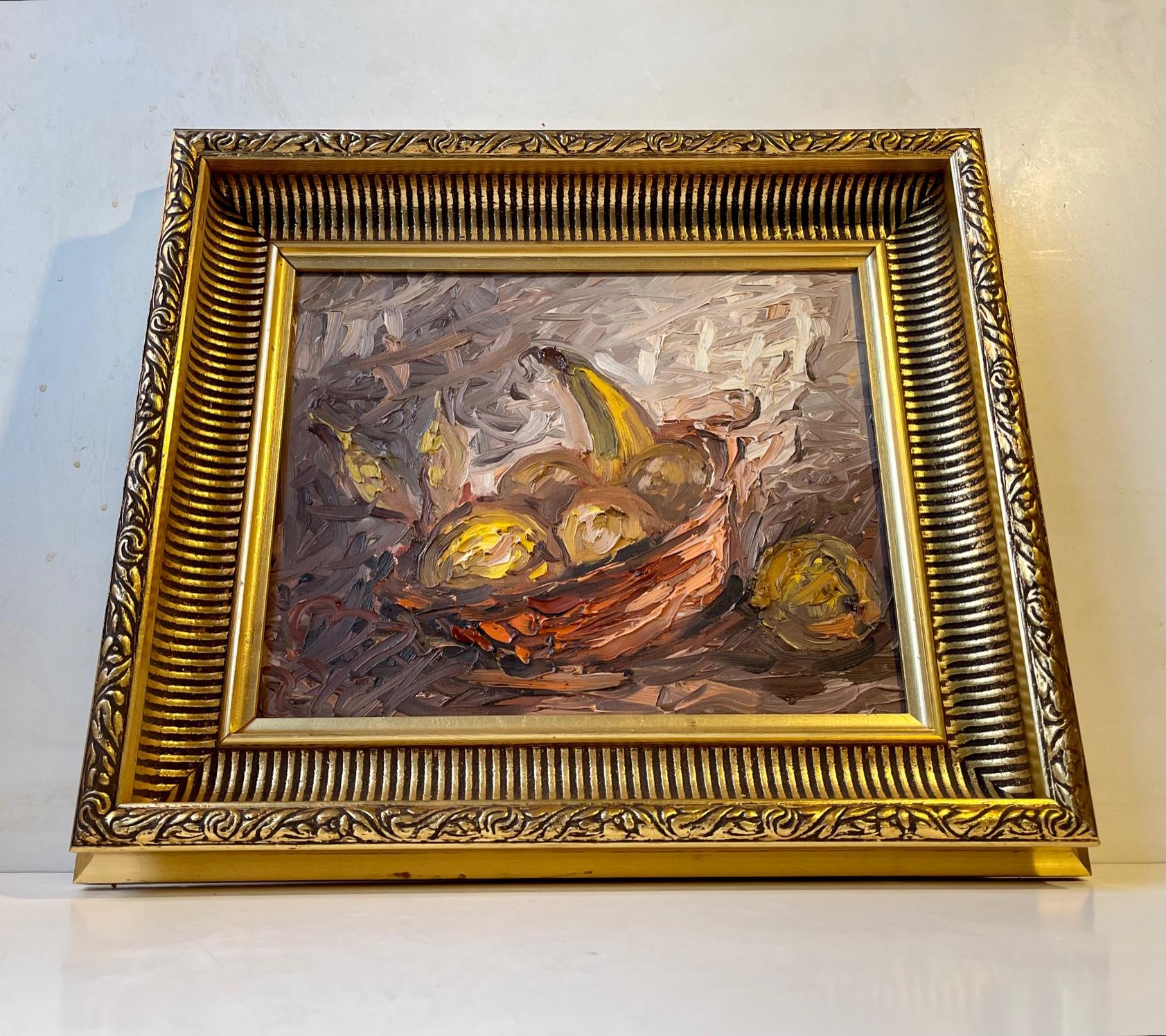 Matching set of 2 oil paintings by the Danish artist J. P. Nielsen. JPN worked out of his studio in Esbjerg, Denmark. These two works: a fruit bowl still life and possibly a self portrait are executed using a palette applying thick layers of paints.