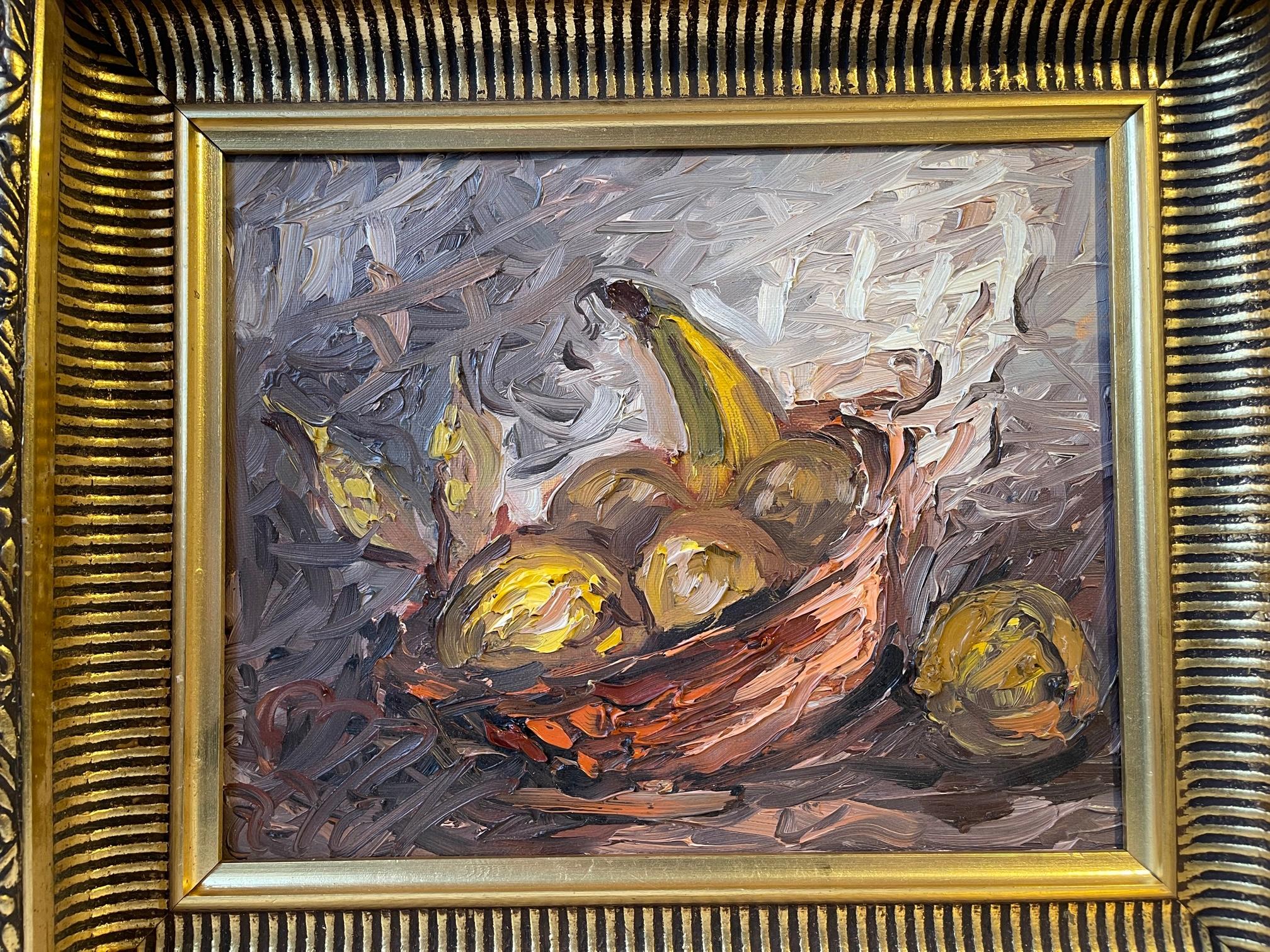 Modern 2 Danish Oil Palette Paintings: Old Man Portrait & Fruit Bowl by J. P. Nielsen For Sale