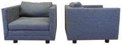 2 David Edward Mid-Century Modern Grey Cube Wool Club Arm Lounge Chairs Pair