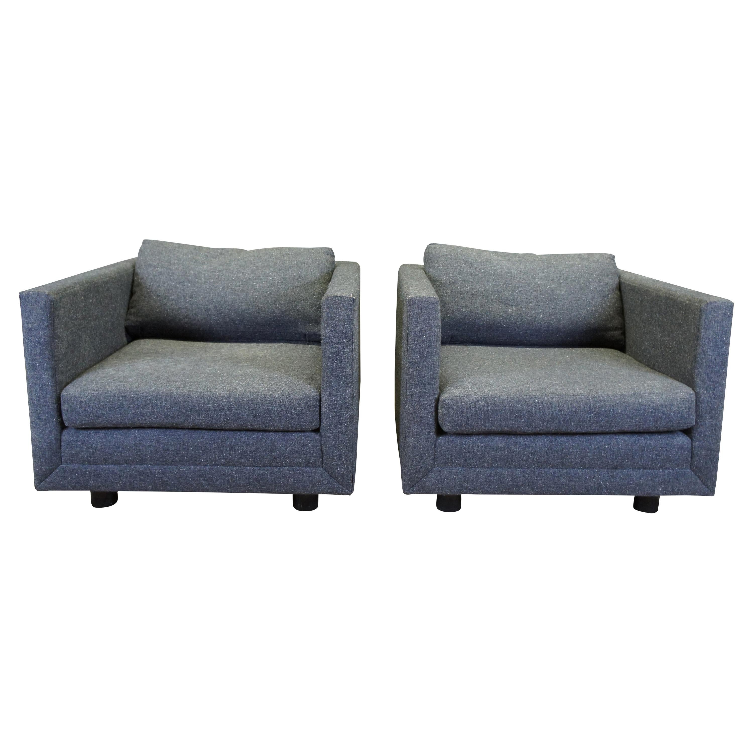 2 David Edward Mid-Century Modern Grey Cube Wool Club Arm Lounge Chairs Pair