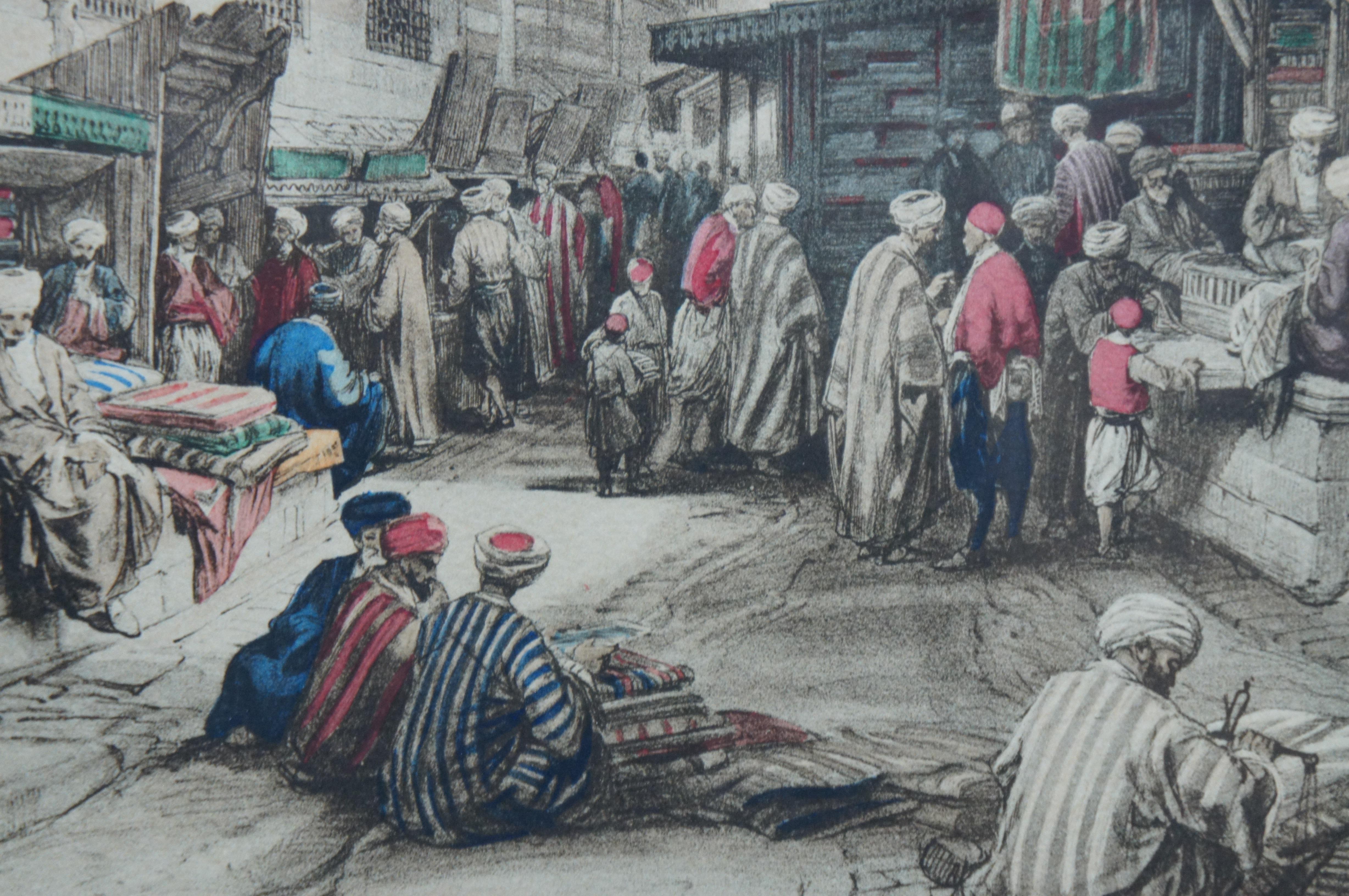 2 David Roberts Egypt Lithograph Prints Nile Ferry Gizeh Bazaar Silk Mercers For Sale 3