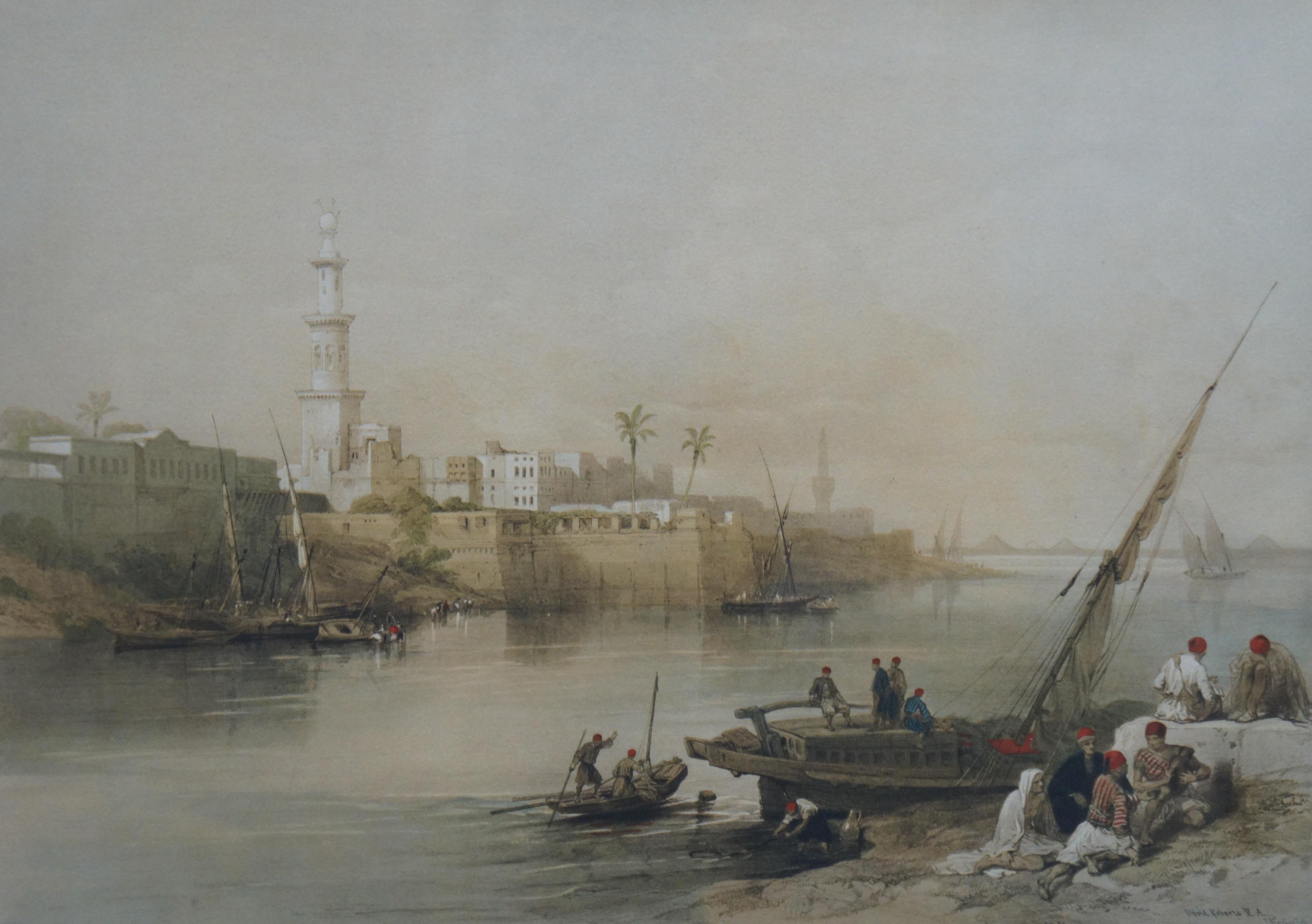 20th Century 2 David Roberts Egypt Lithograph Prints Nile Ferry Gizeh Bazaar Silk Mercers For Sale