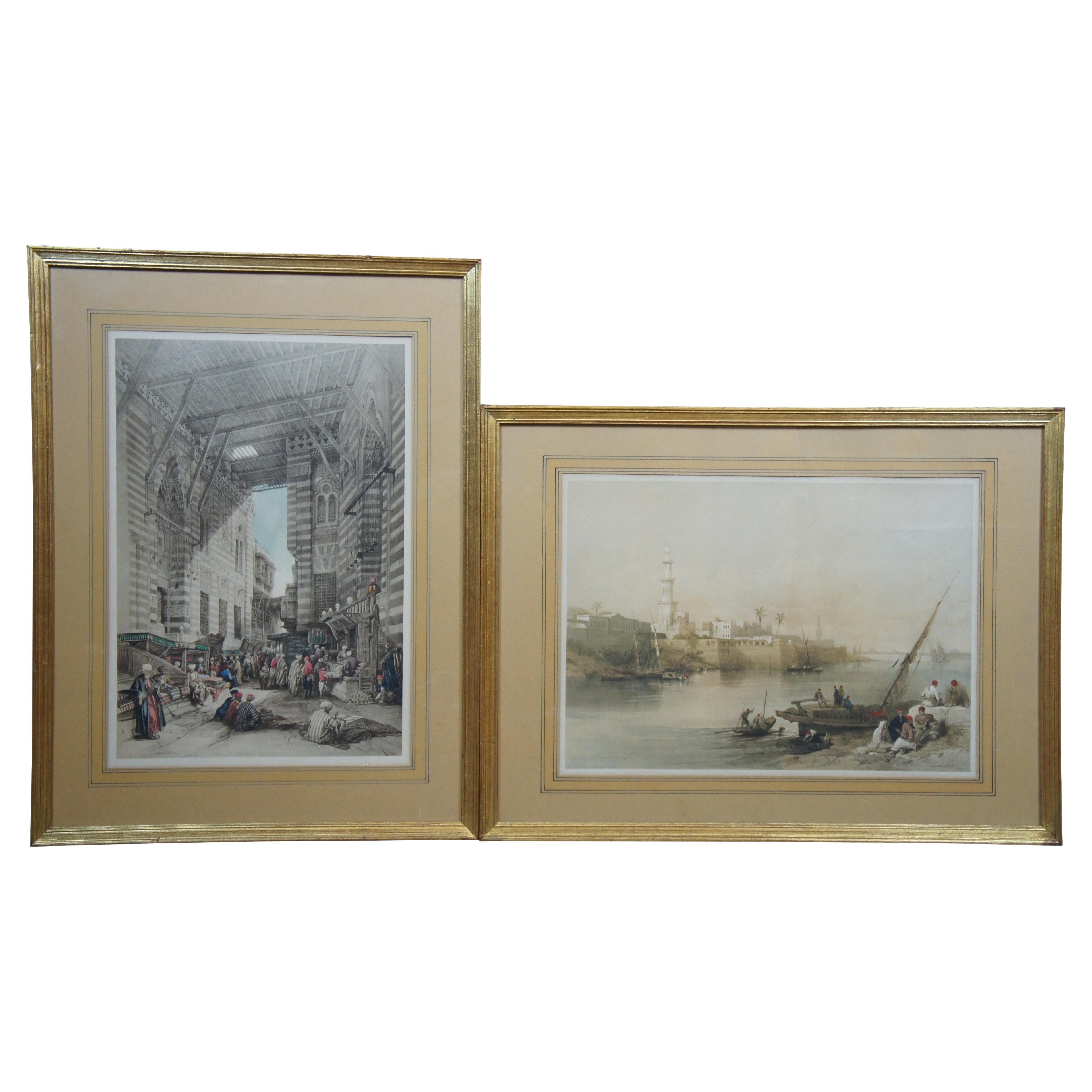 2 David Roberts Egypt Lithograph Prints Nile Ferry Gizeh Bazaar Silk Mercers