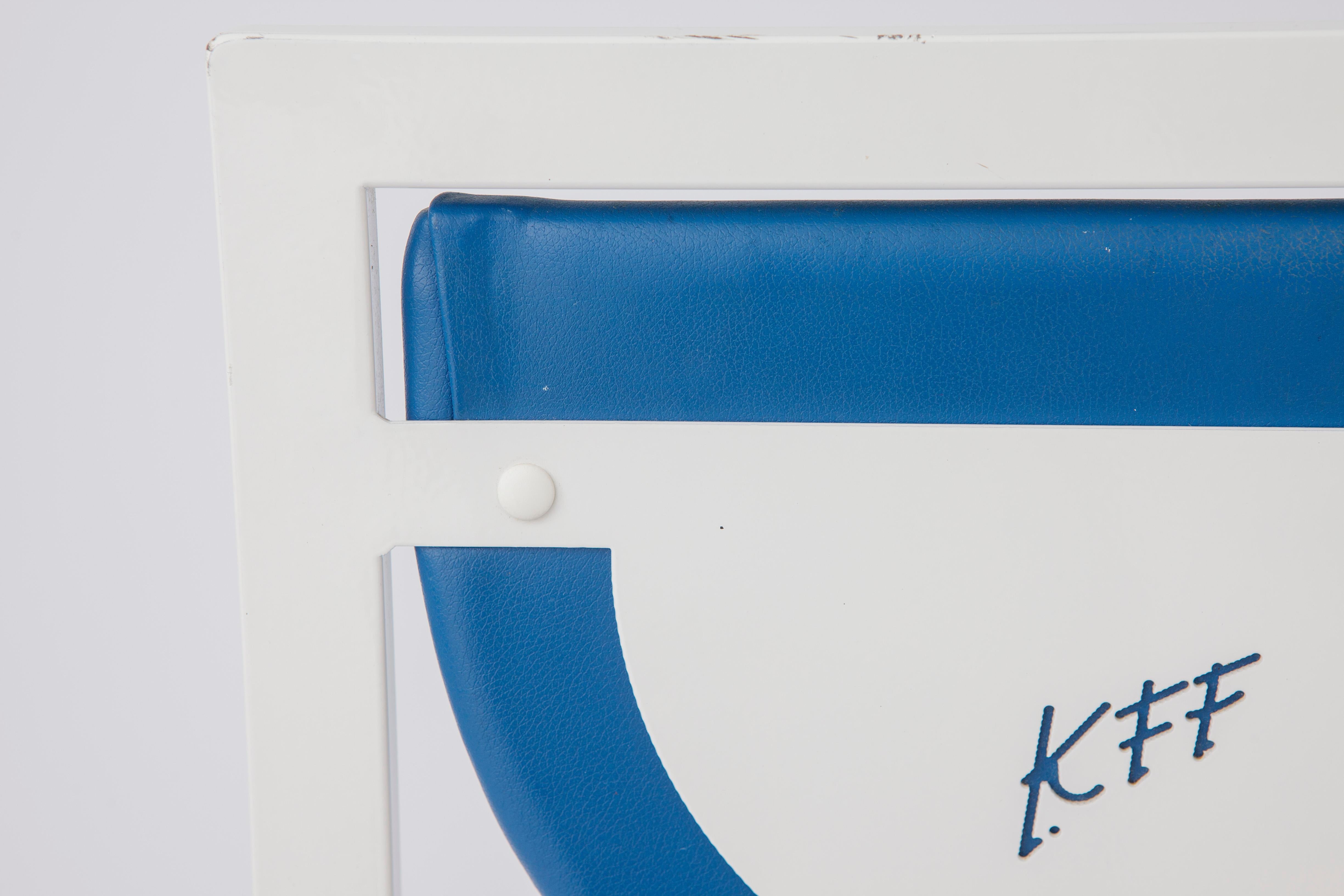 Pair of vintage chairs from the 1980s. 
Design and manufaturing by Karl Friedrich Förster, Germany. 
Displayed price is for 2 chairs. 

Sturdy metal frame. White lacquered. 
Original blue upholstery on seat and back in very good condition. 
The