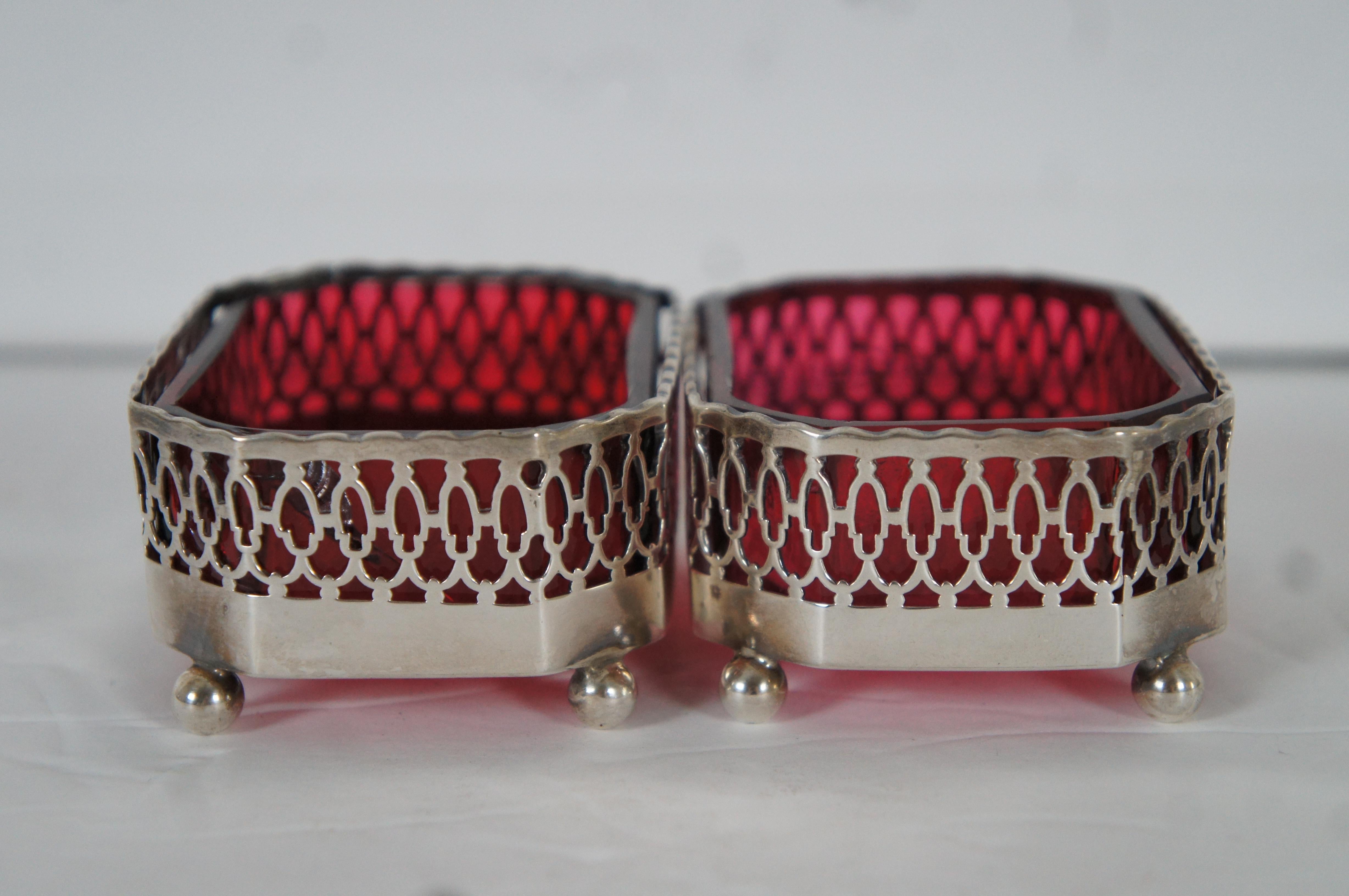 2 Dominick & Haff 720 Reticulated Sterling & Cranberry Glass Nut Dish Pair 86g In Good Condition In Dayton, OH