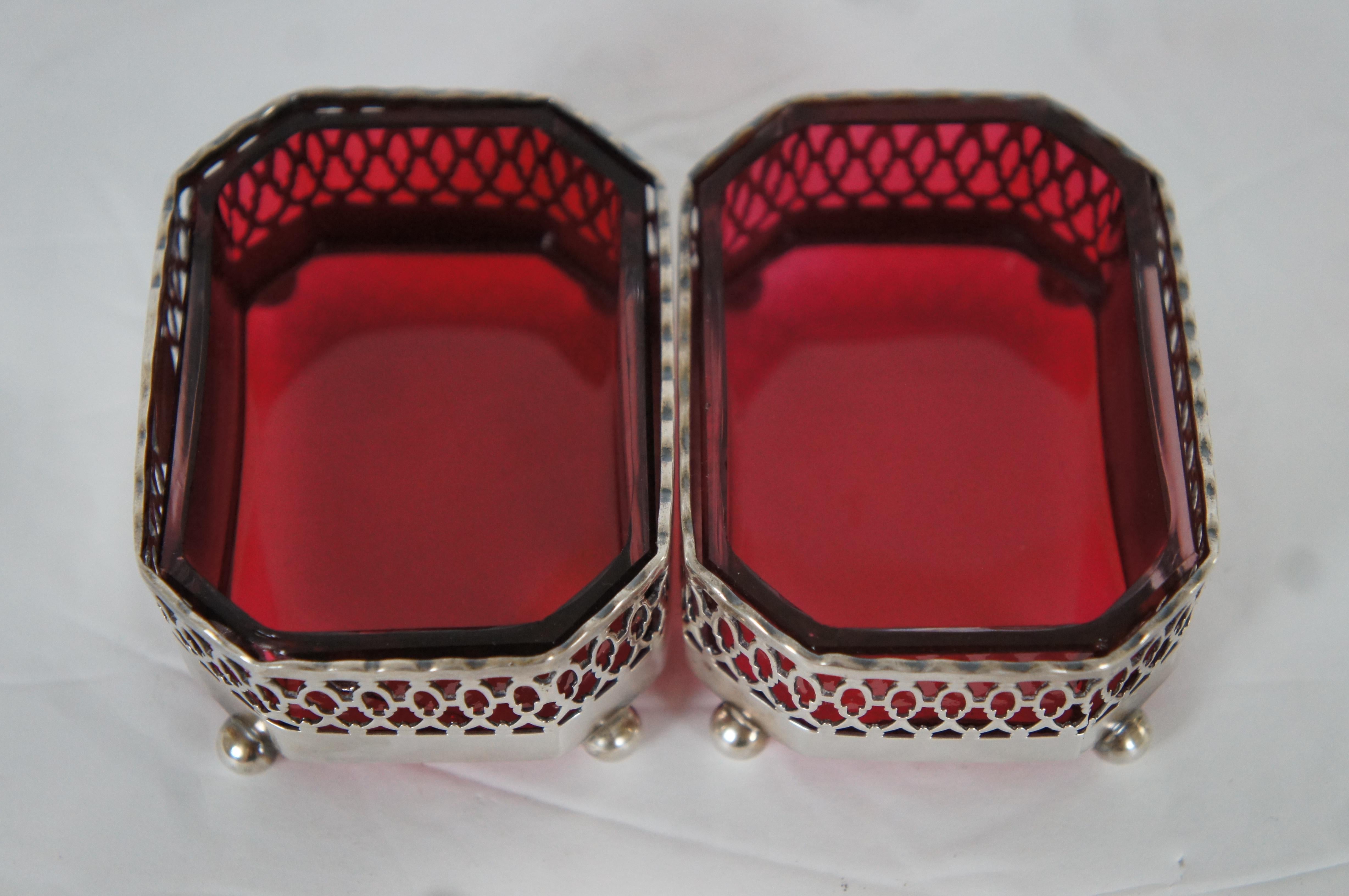19th Century 2 Dominick & Haff 720 Reticulated Sterling & Cranberry Glass Nut Dish Pair 86g