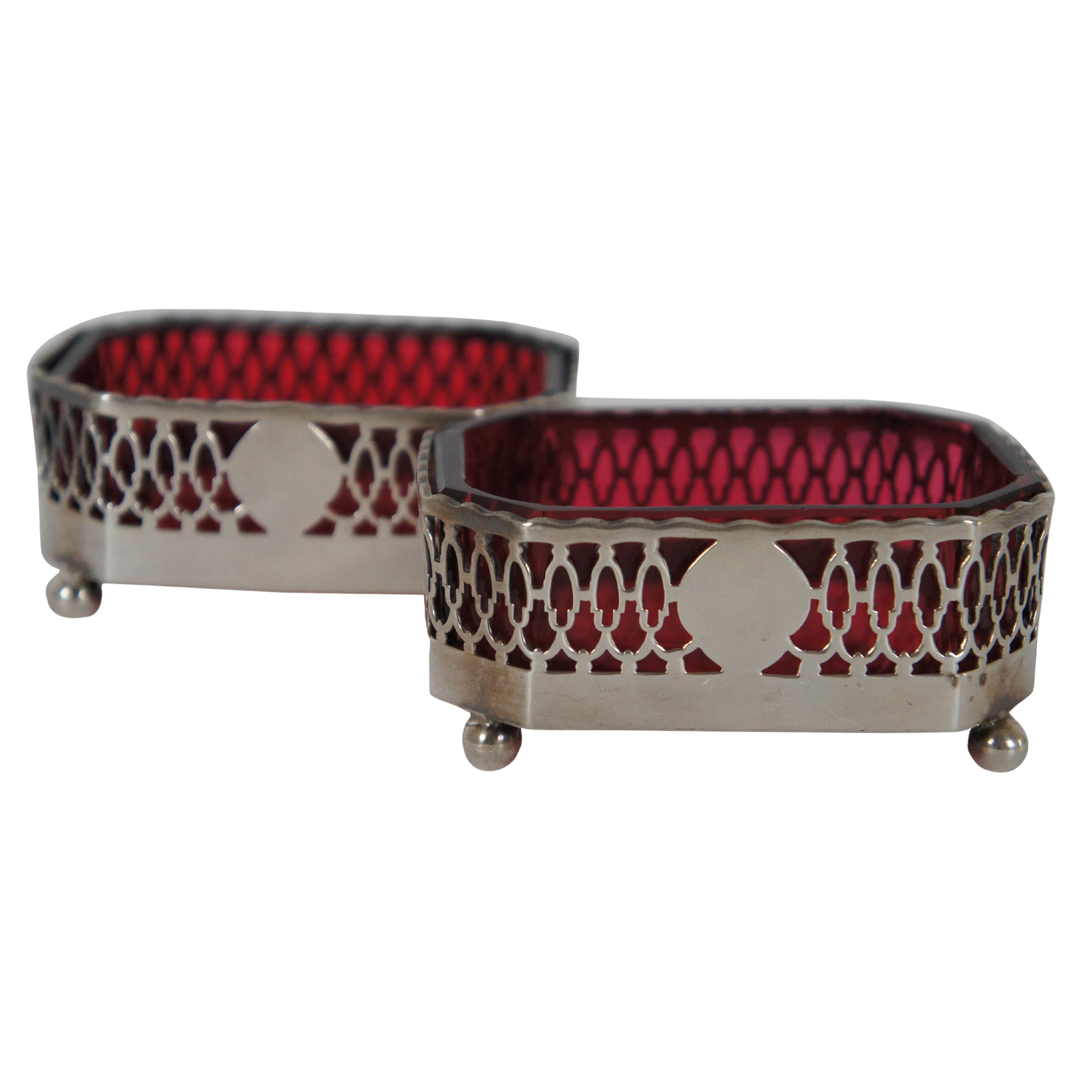 2 Dominick & Haff 720 Reticulated Sterling & Cranberry Glass Nut Dish Pair 86g For Sale