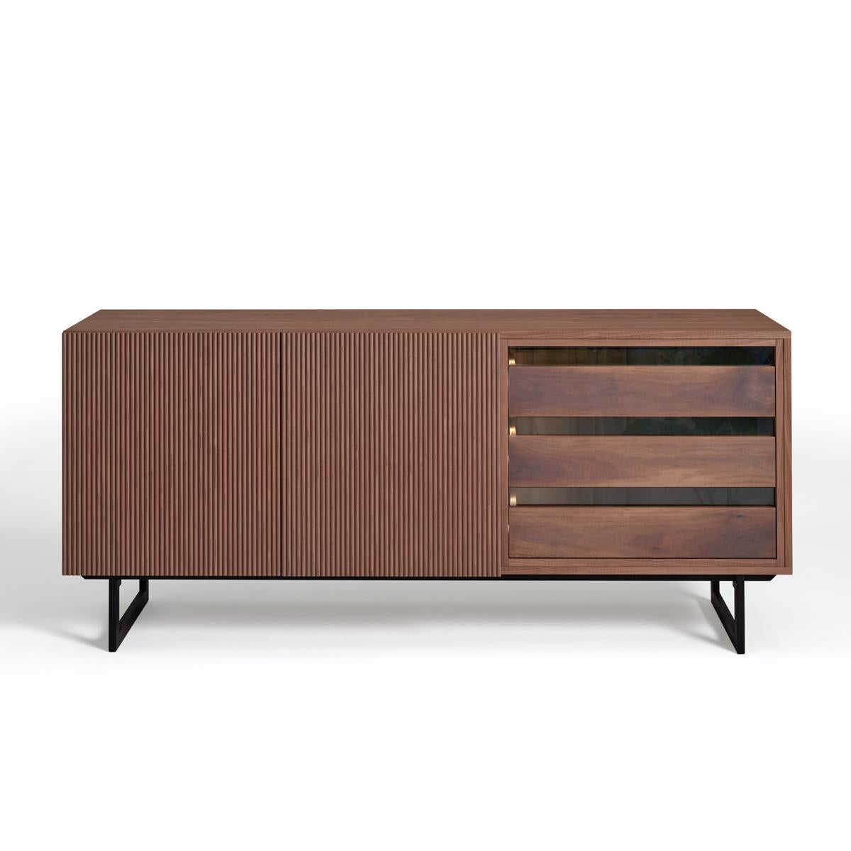 French 2- door 3-drawer sideboard in walnut & black iron feet, design by C. Lecomte For Sale