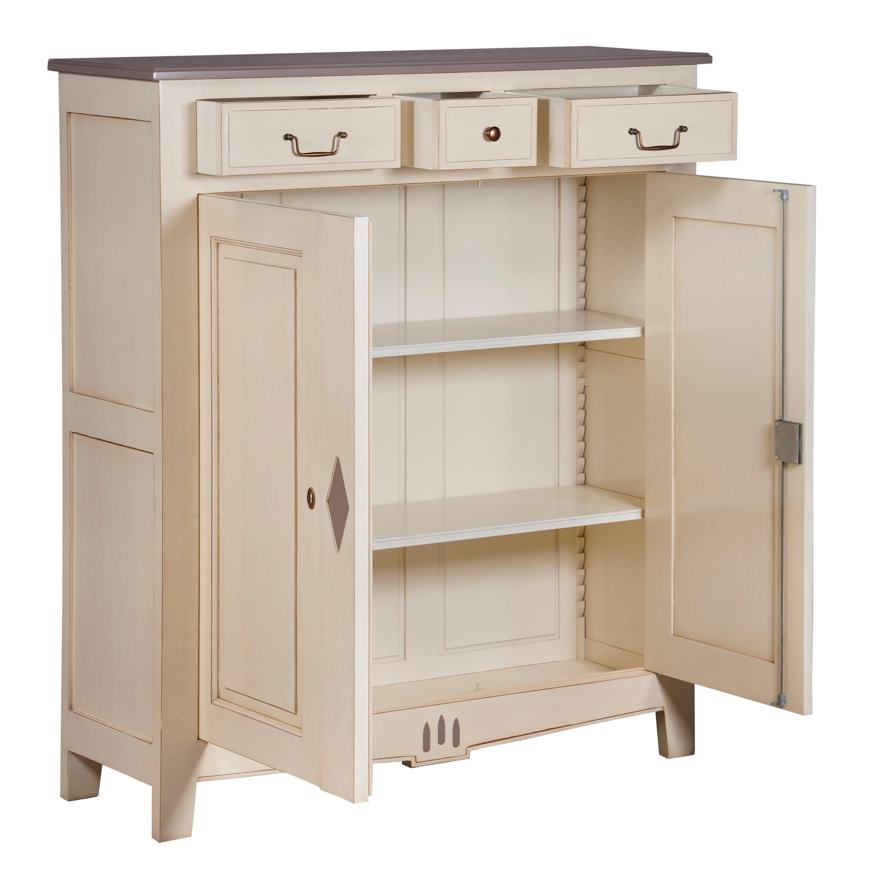 This 2 doors cabinet is a handmade and modernized interpretation of the French Directoire style at the end of the 18th century. This period style is remarkable with its straight, classical and timeless lines with diamonds or grooves on the