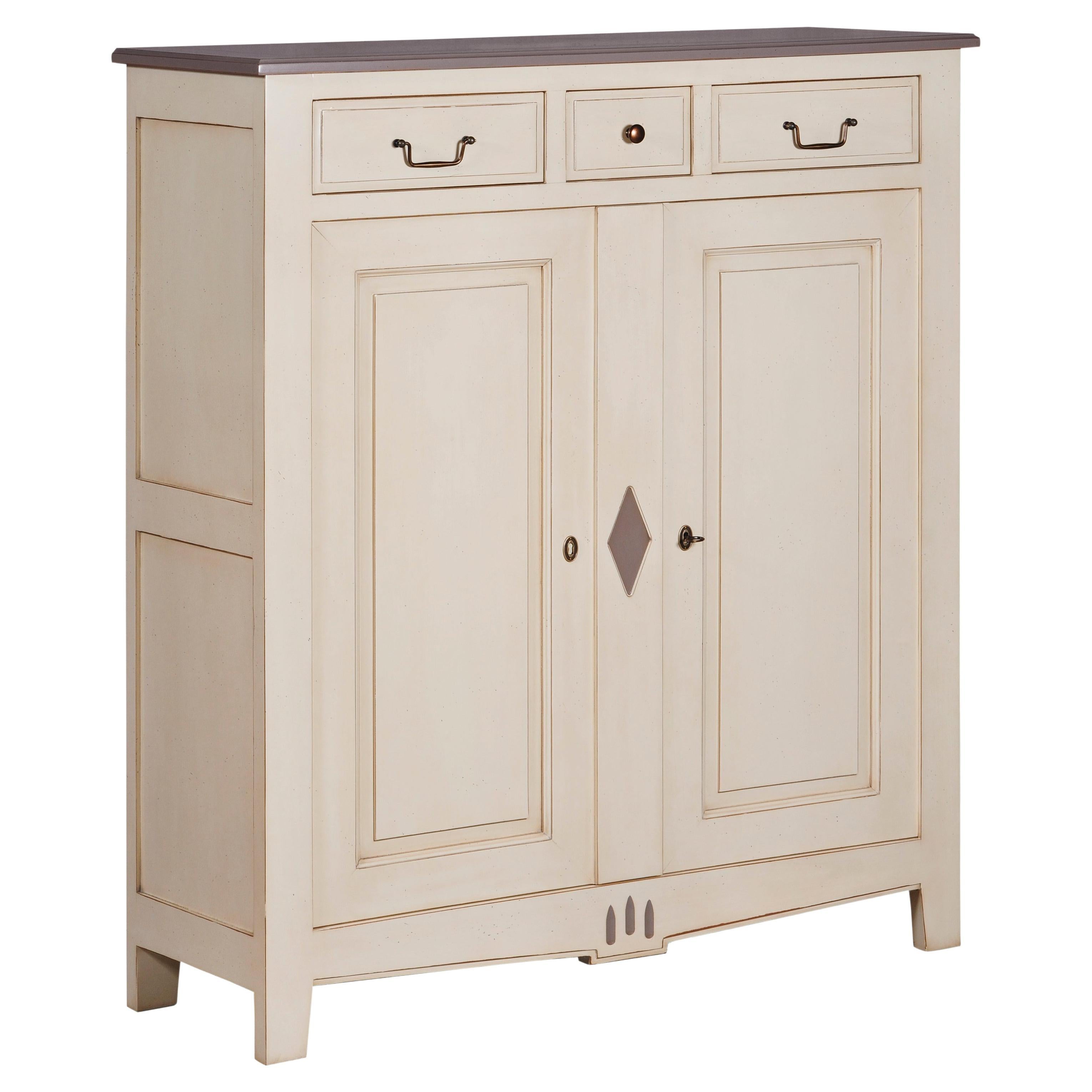 2 Doors Classical Cabinet in Cherry, White-Cream Lacquered, 100% Made in France For Sale