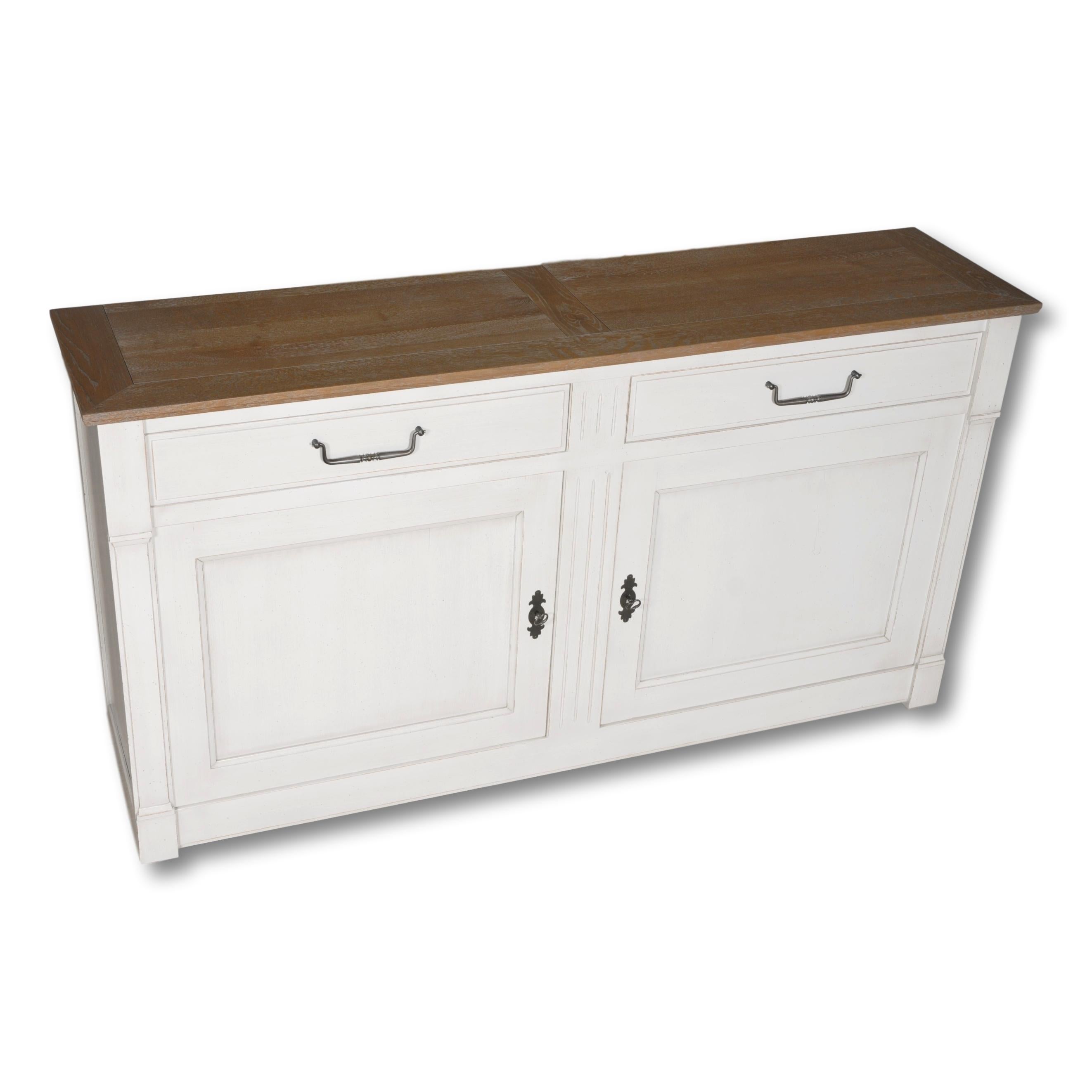 Sideboard mit 2 Türen aus massiver Eiche, braun gebeizt und perlengrau lackiert (Neoklassisch) im Angebot
