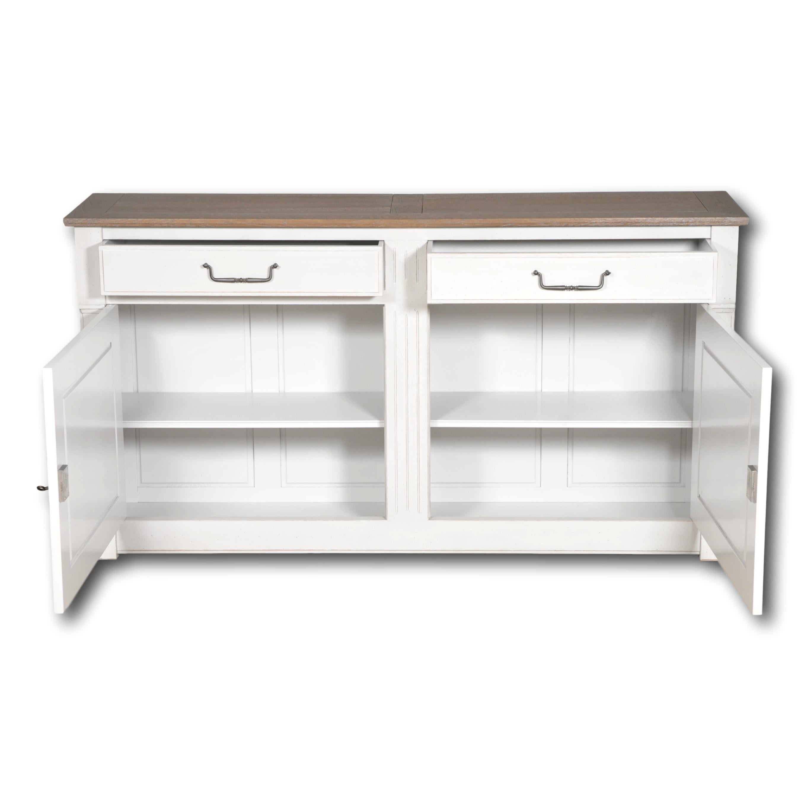 Sideboard mit 2 Türen aus massiver Eiche, braun gebeizt und perlengrau lackiert (Französisch) im Angebot