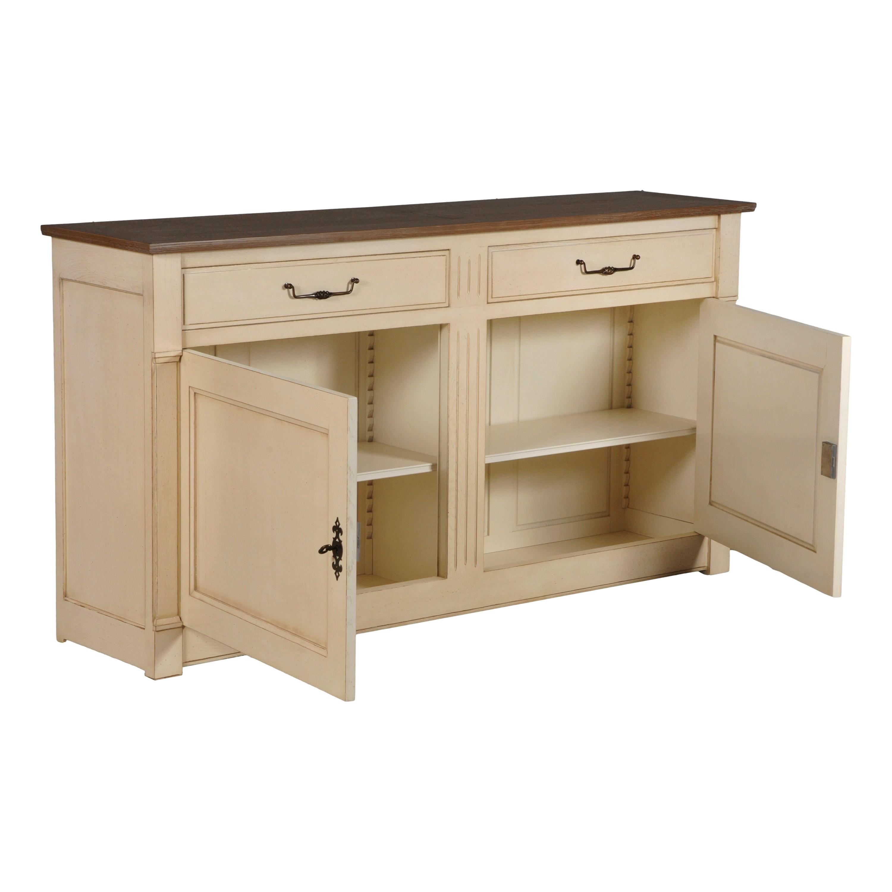 This sideboard belongs to our Rive Gauche Collection, very elegant and full of charm in a typical French countryside classical style. 

The Top is royal dark brown stained and the rest is white-cream lacquered with a satin varnish. 

This buffet