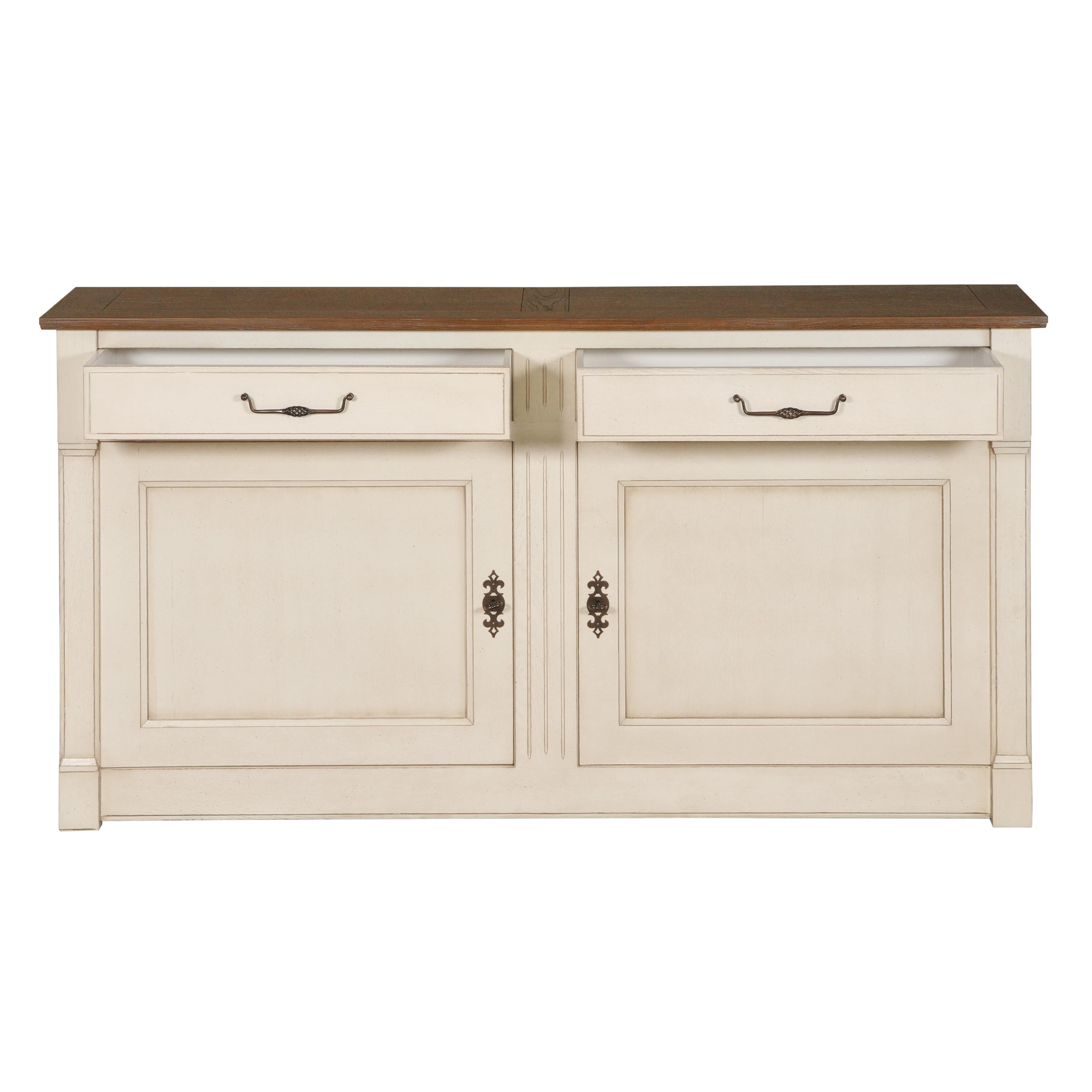 Neoclassical 2 Doors White-Cream Sideboard in Solid Oak, 100% Made in France For Sale