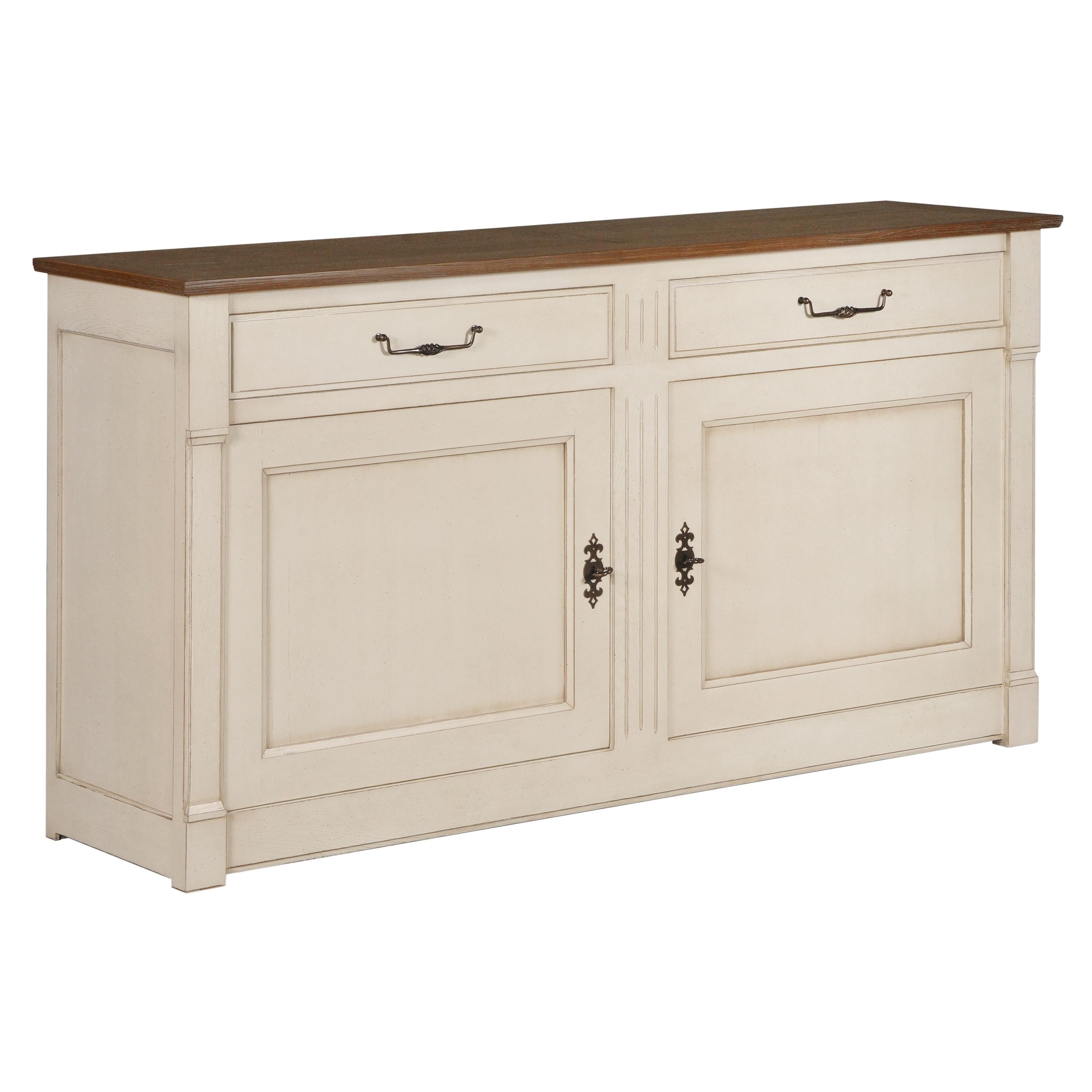 French 2 Doors White-Cream Sideboard in Solid Oak, 100% Made in France For Sale