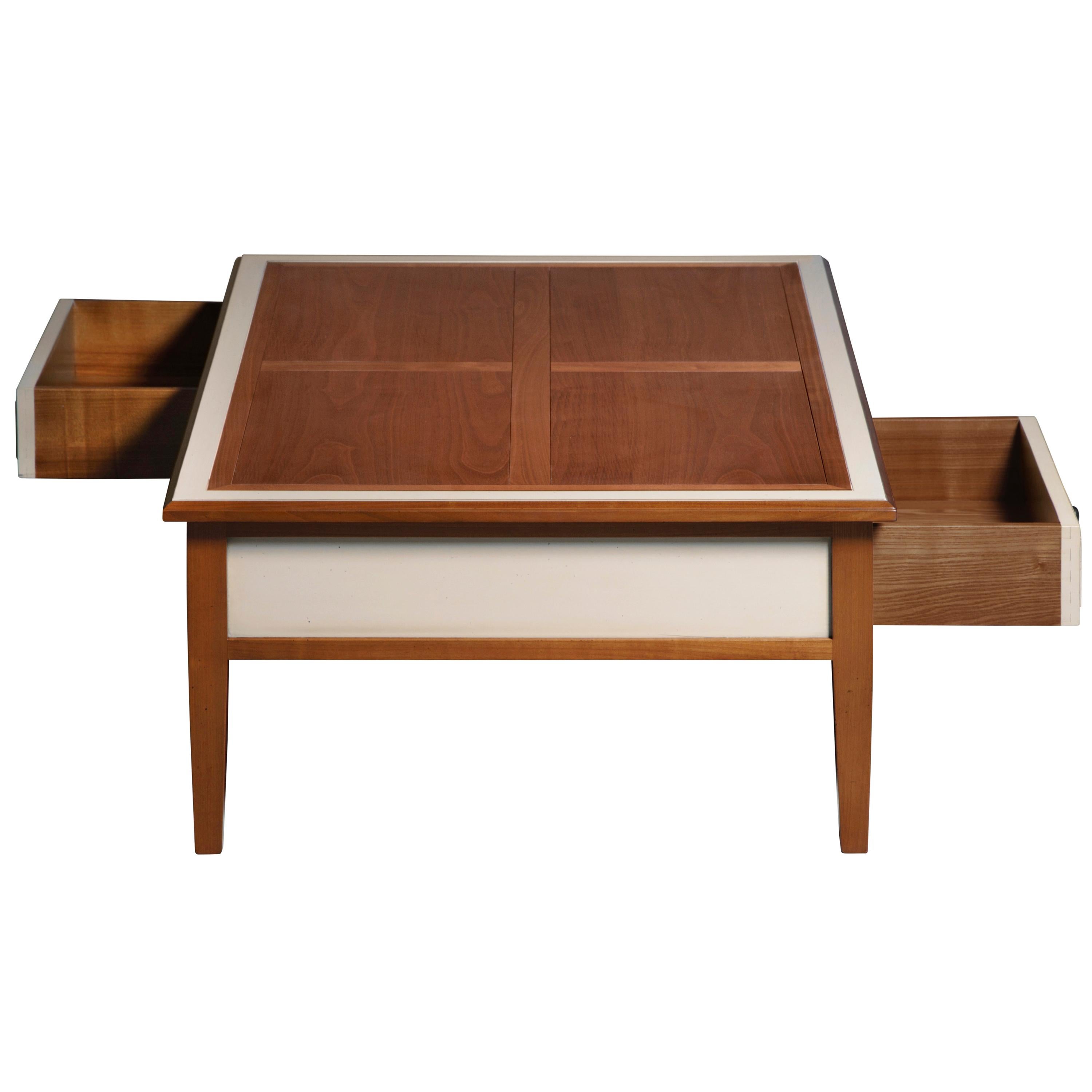 Neoclassical 2-Drawer Coffee Table in Solid Cherry, Stained and Light-Grey Lacquered For Sale