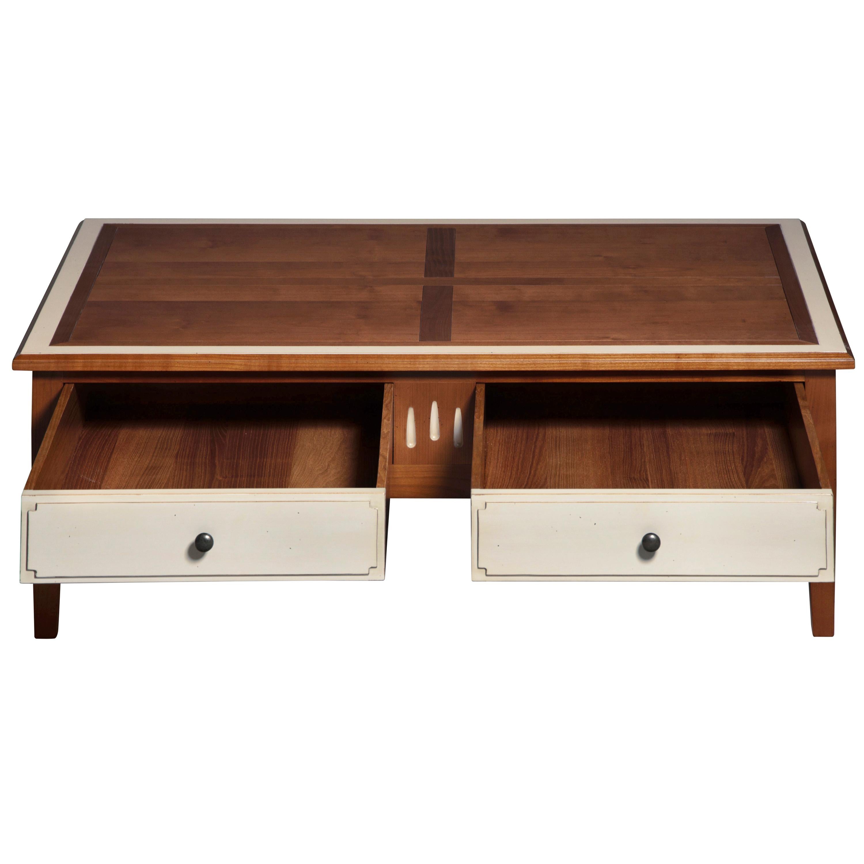 Wood 2-Drawer Coffee Table in Solid Cherry, Stained and Light-Grey Lacquered For Sale