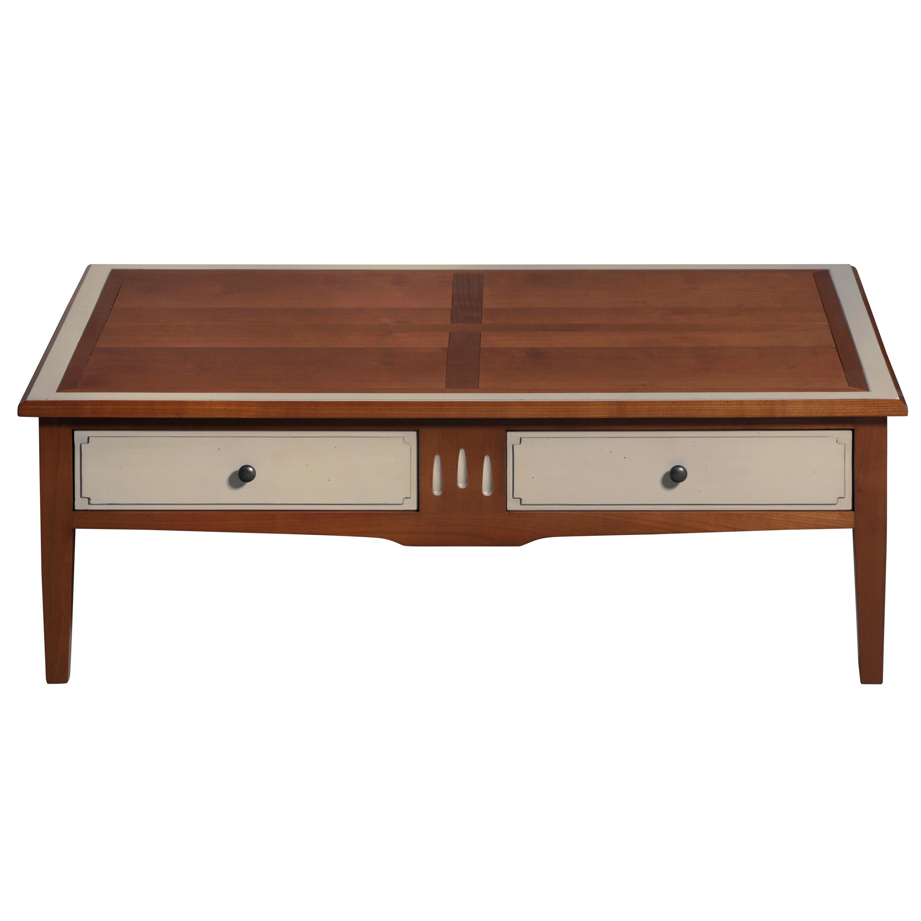2-Drawer Coffee Table in Solid Cherry, Stained and Light-Grey Lacquered For Sale 1