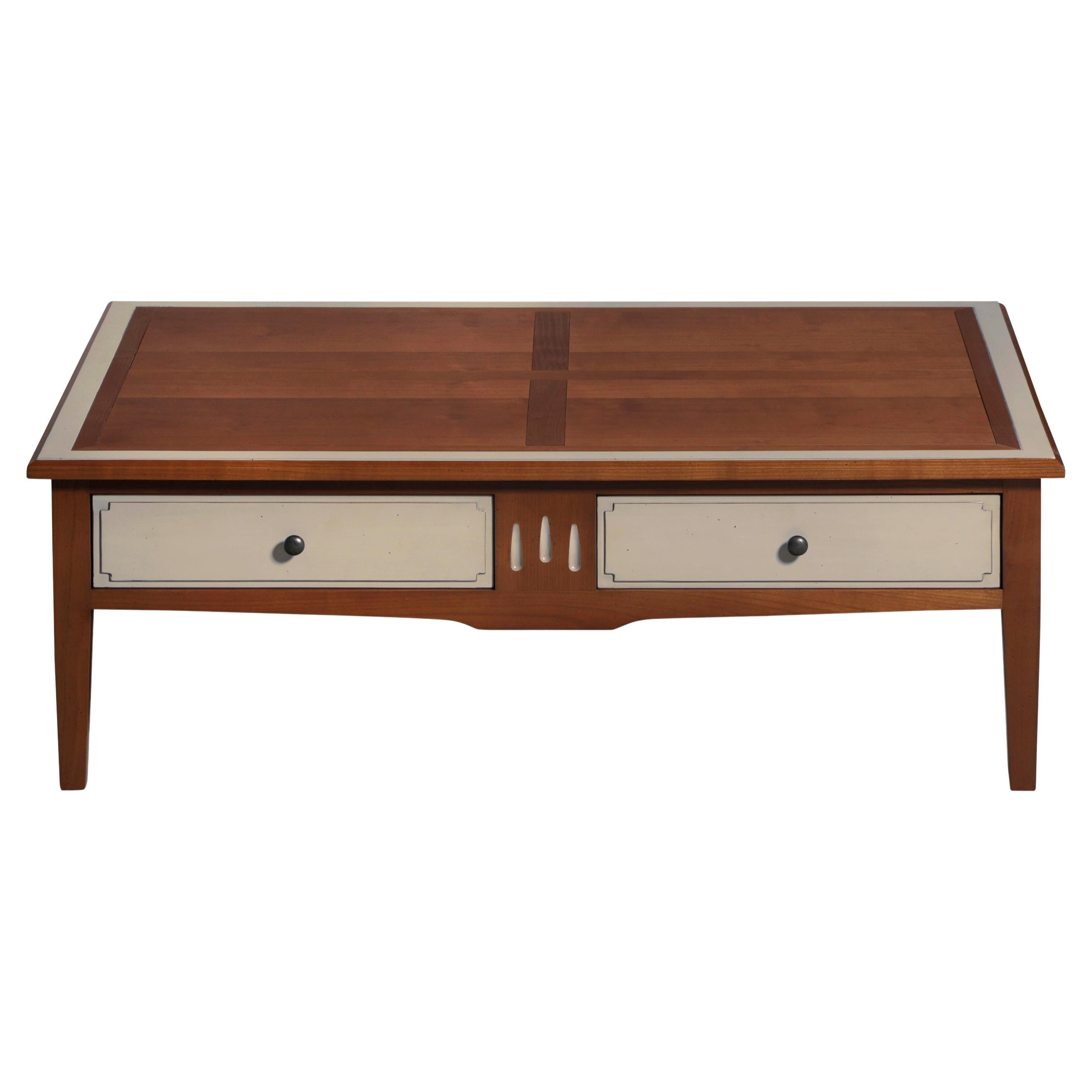 2-Drawer Coffee Table in Solid Cherry, Stained and Light-Grey Lacquered For Sale