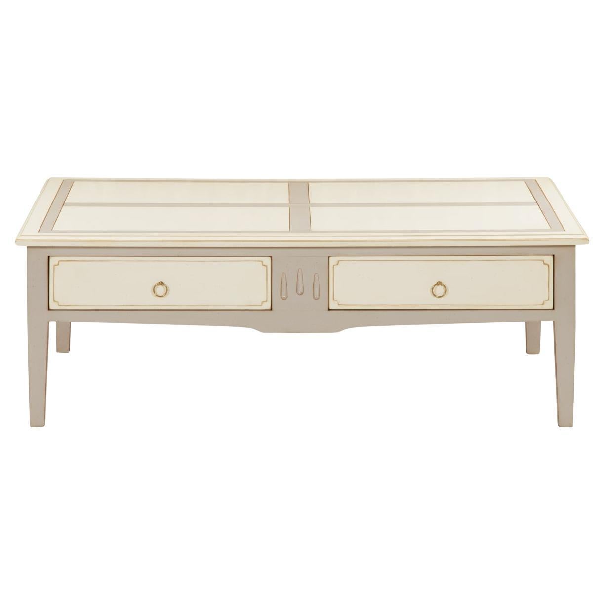 2-drawer coffee table in solid cherry wood, white-cream and gray lacquered