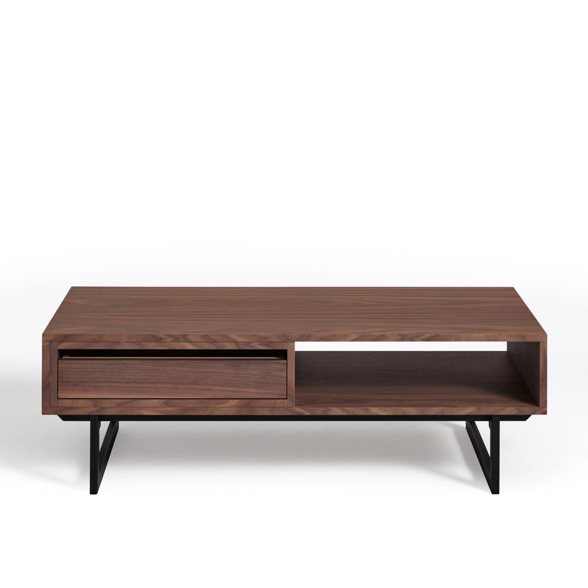 Modern 2-drawer coffee table in walnut & black iron feet, design by Christophe Lecomte For Sale