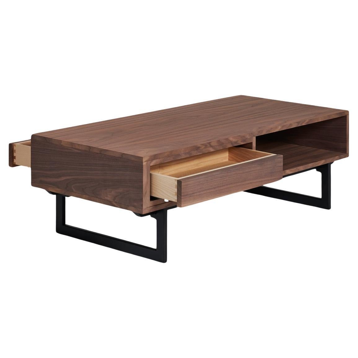 2-drawer coffee table in walnut & black iron feet, design by Christophe Lecomte For Sale