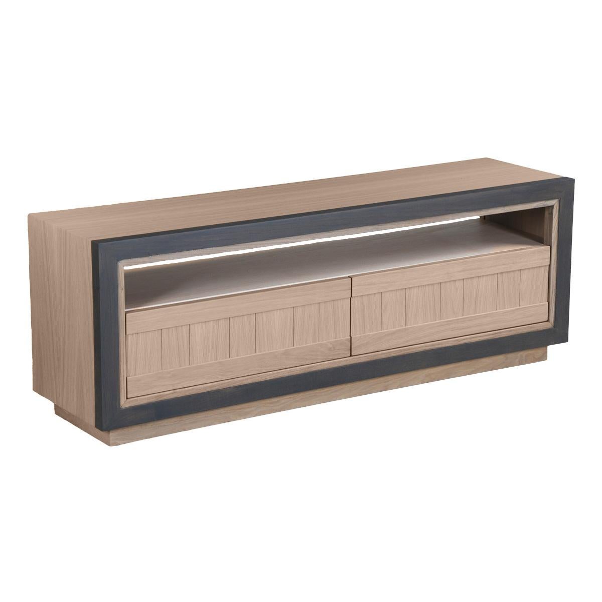 Meuble TV 2 tiroirs en Oak, vernis naturel & teinté gris, design C. Lecomte en vente 3
