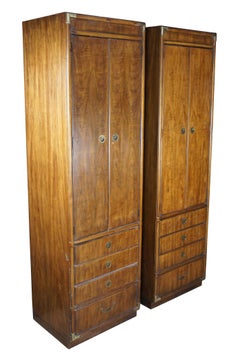 2 Drexel Heritage Accolade II Walnut Campaign Linen Press Chifferobe Cabinets