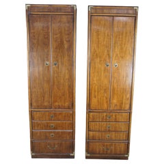 2 Drexel Heritage Accolade II Walnut Campaign Linen Press Chifferobe Cabinets