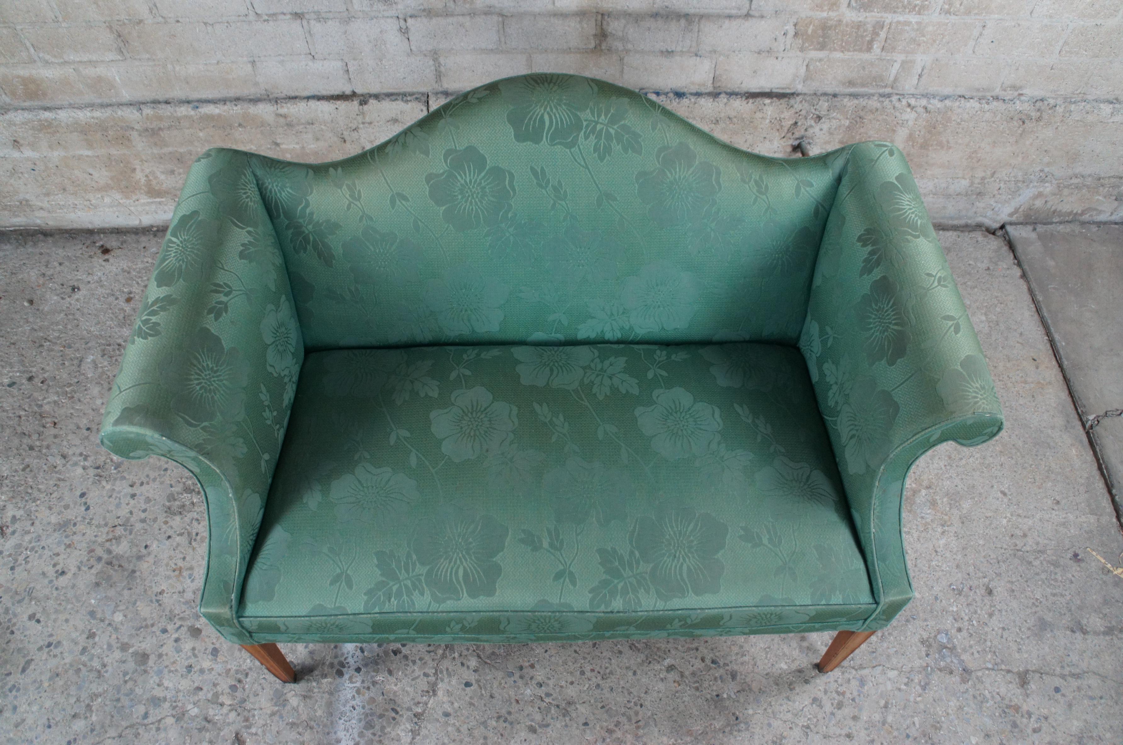 Mid-20th Century 2 Drexel Heritage Federal Style Mahogany Camelback Green Floral Loveseats Settee
