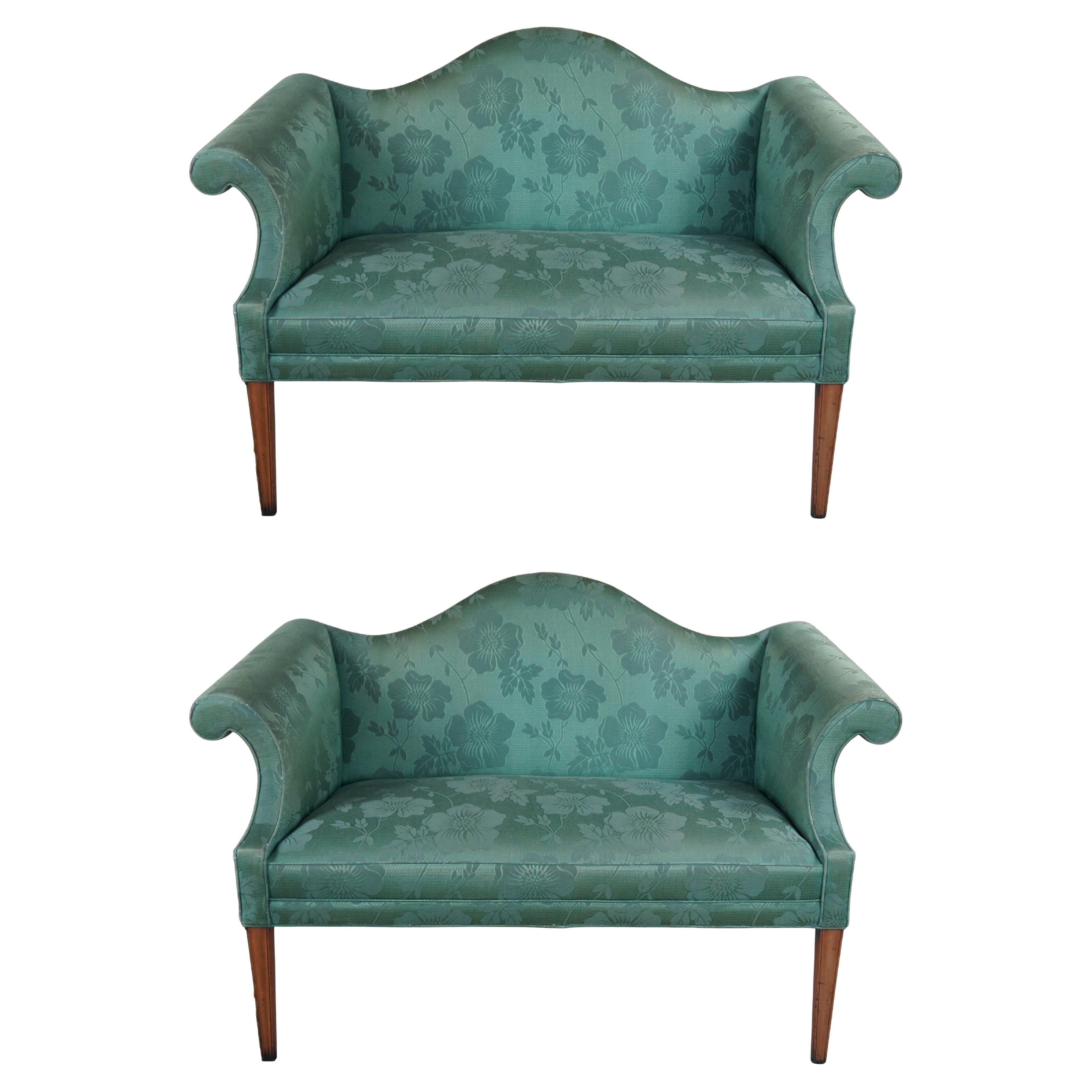 2 Drexel Heritage Federal Style Mahogany Camelback Green Floral Loveseats Settee