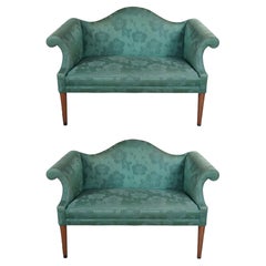 Vintage 2 Drexel Heritage Federal Style Mahogany Camelback Green Floral Loveseats Settee