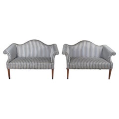 2 Drexel Heritage Federal Style Mahogany Camelback Striped Loveseats Settee 54"
