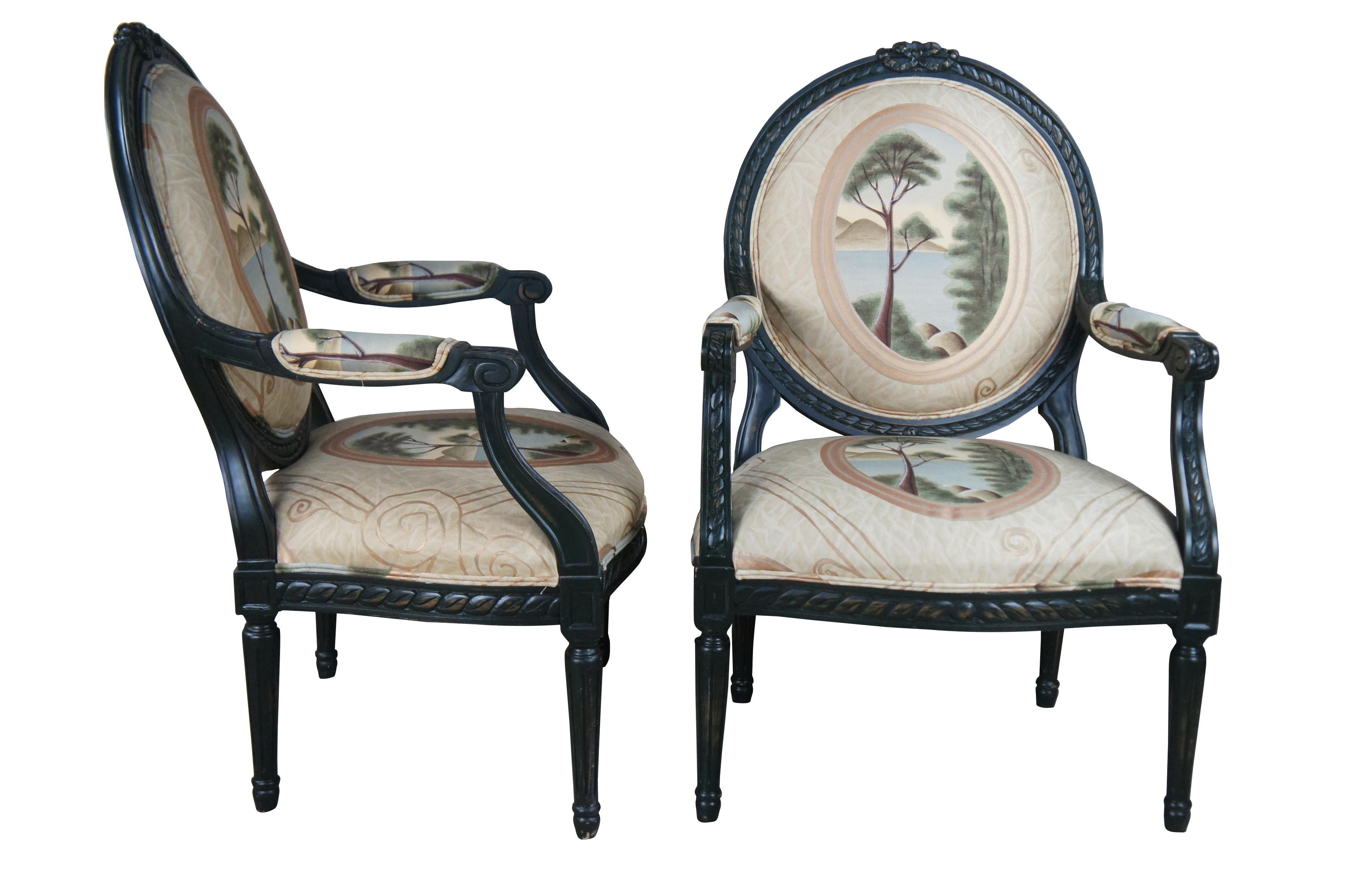 Two vintage Drexel Heritage fauteuil armchairs with French Louis XVI / Neoclassical styling that features an ebonized frame with balloon back ribbon accent, scenic cameo ocean landscape / seascape upholstery and fluted tapered legs.  H1350,