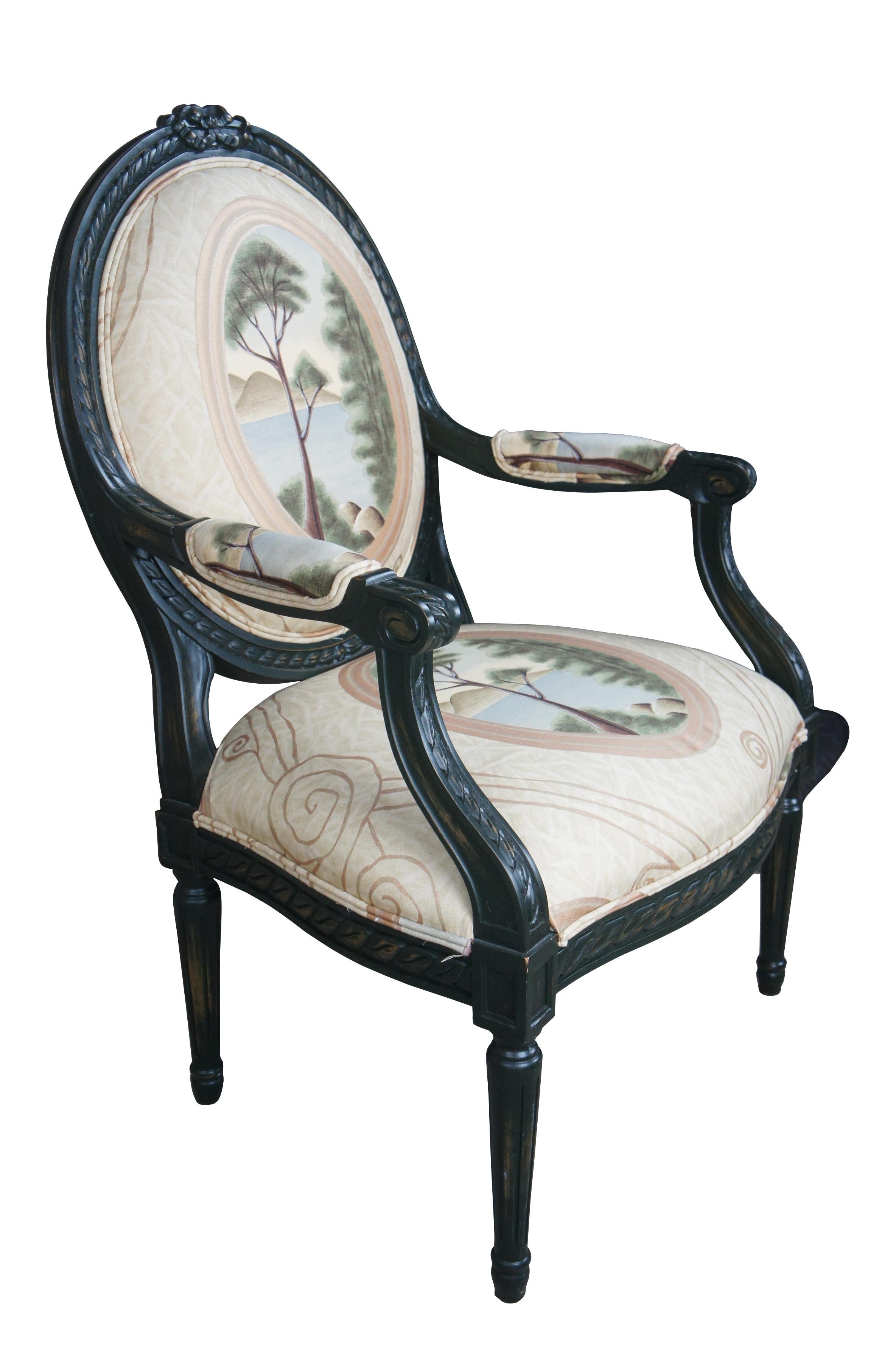 2 Drexel Heritage French Louis XVI Fauteuil Balloon Back Neoclassical Arm Chairs In Good Condition For Sale In Dayton, OH