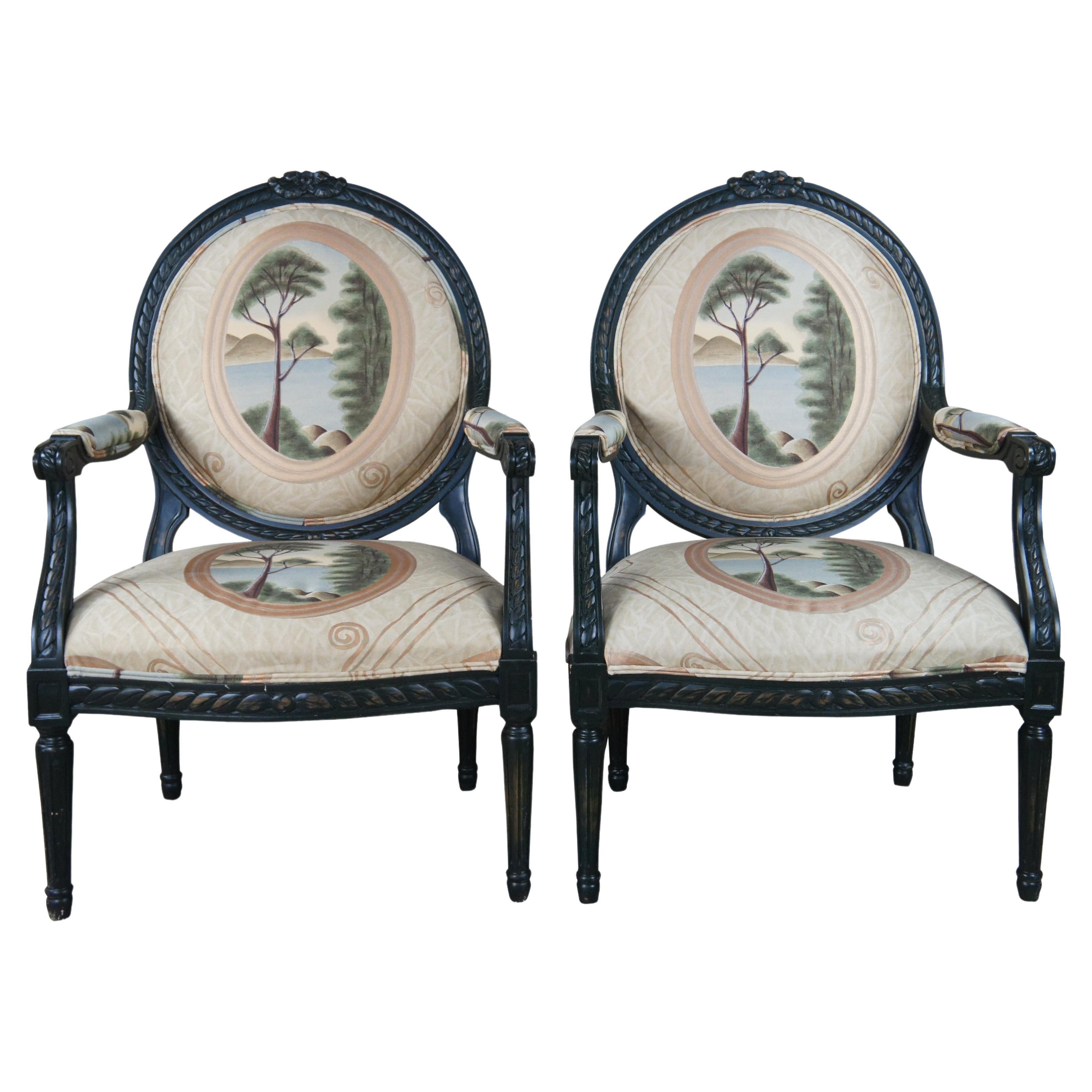 2 Drexel Heritage French Louis XVI Fauteuil Balloon Back Neoclassical Arm Chairs For Sale