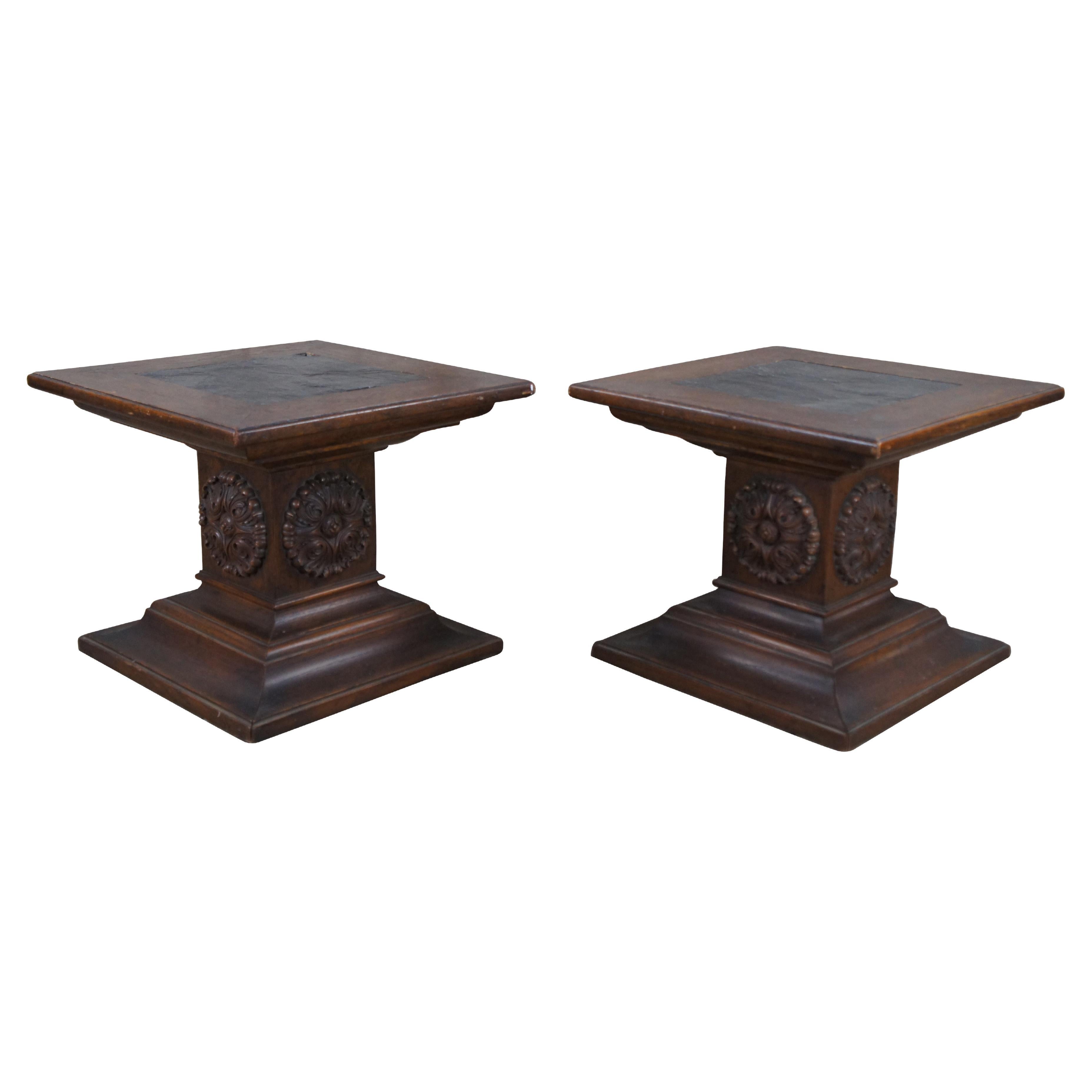 2 Drexel Heritage Grand Tour Mid Century Oak Slate Side Tables Sculpture Stand For Sale