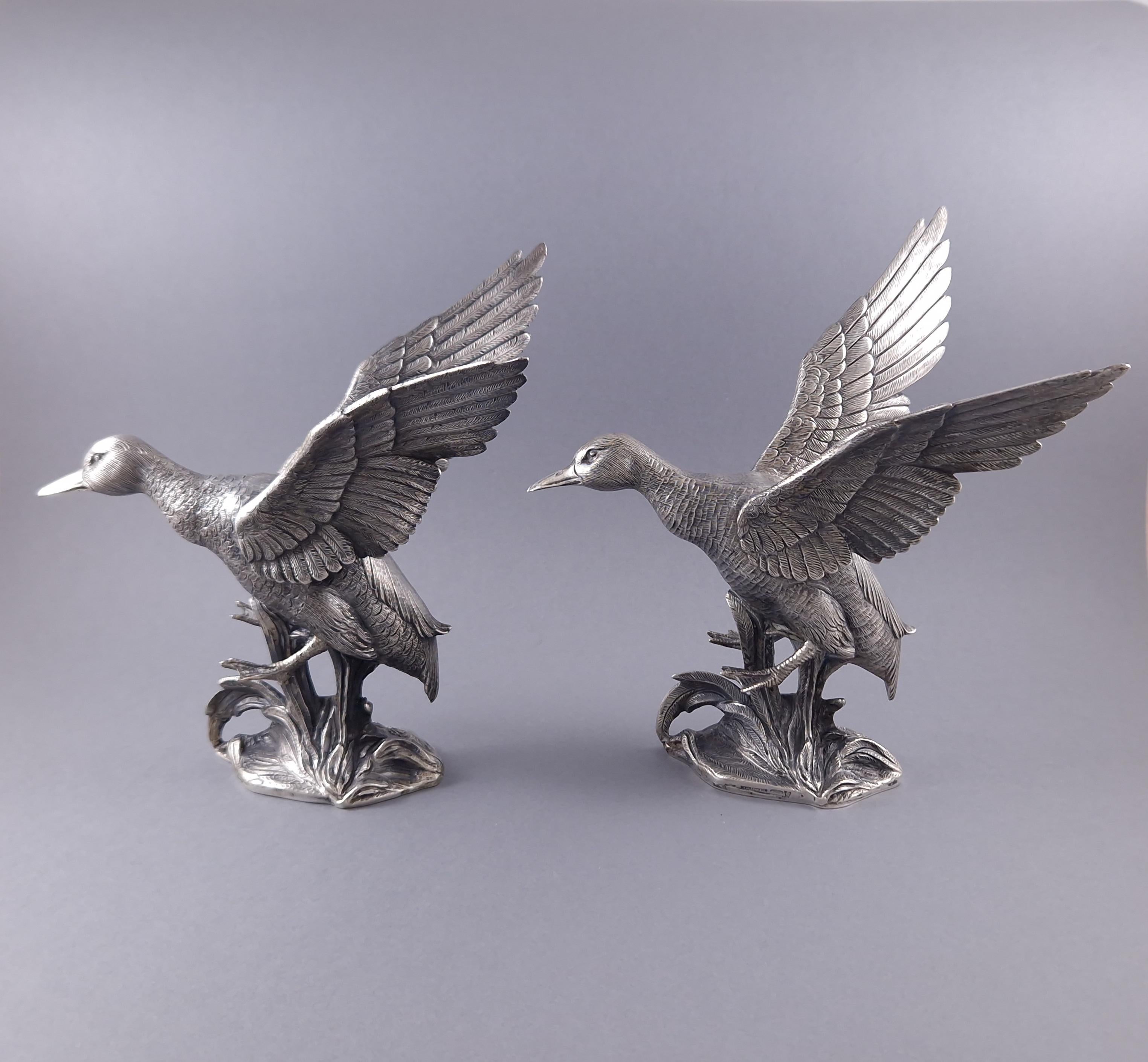 Late 20th Century 2 Duck Sculptures In Sterling Silver