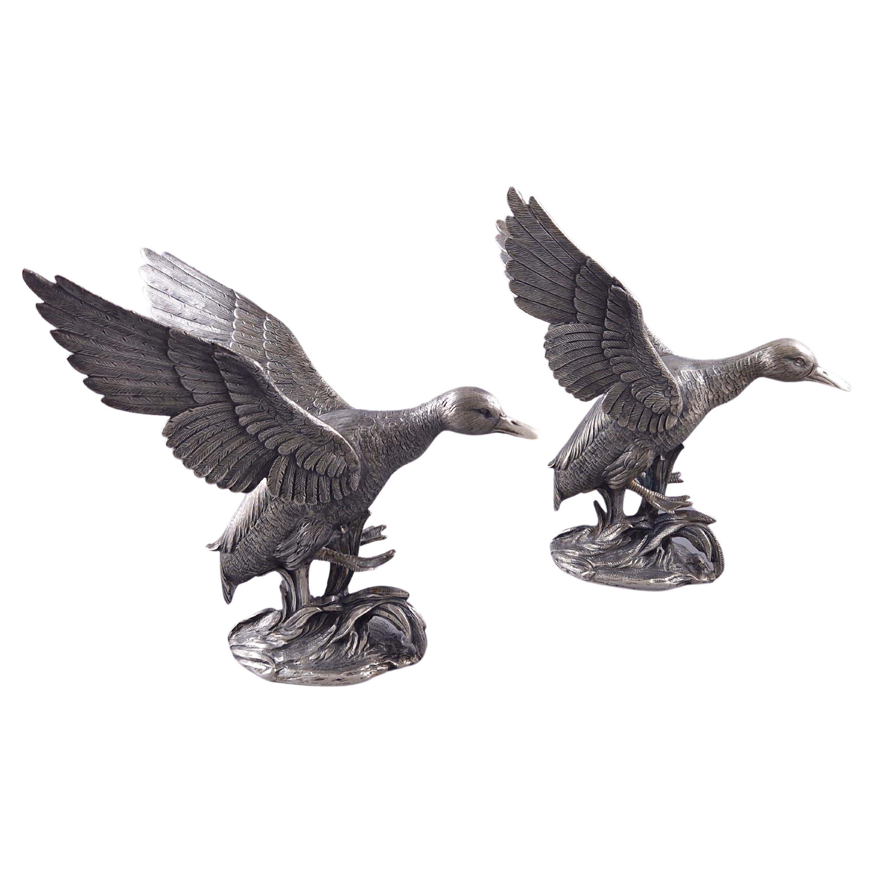 2 Duck Sculptures In Sterling Silver