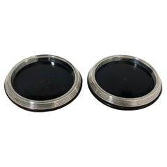 2 Dutch Black Lacquered Wooden Silver Wine Coasters, Ca. 1910 by Van Kempen & Zn