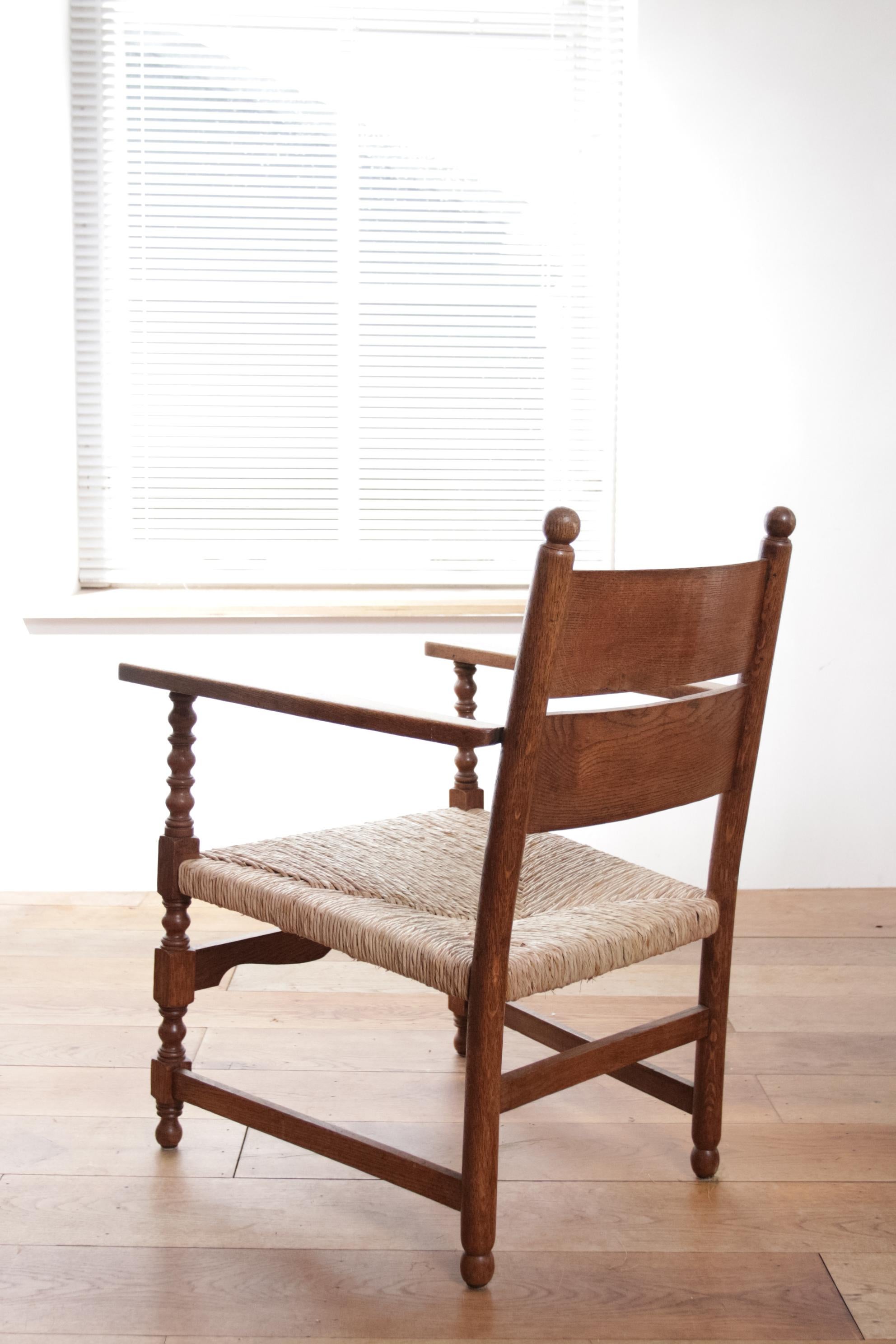 2 Dutch Ladder Back Oak Rush Seat Armchairs Loungechairs In Good Condition For Sale In Boven Leeuwen, NL
