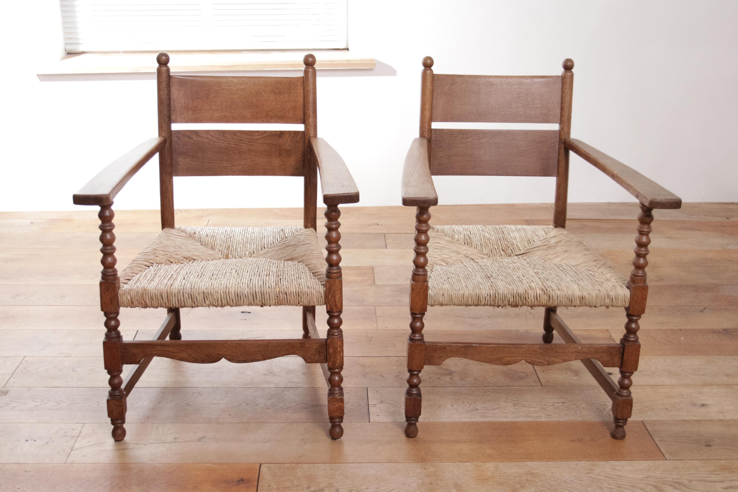 2 fauteuils Dutch Ladder Back Oak Rush Seat Fauteuils de salon en vente 1