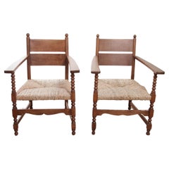 Antique 2 Dutch Ladder Back Oak Rush Seat Armchairs Loungechairs