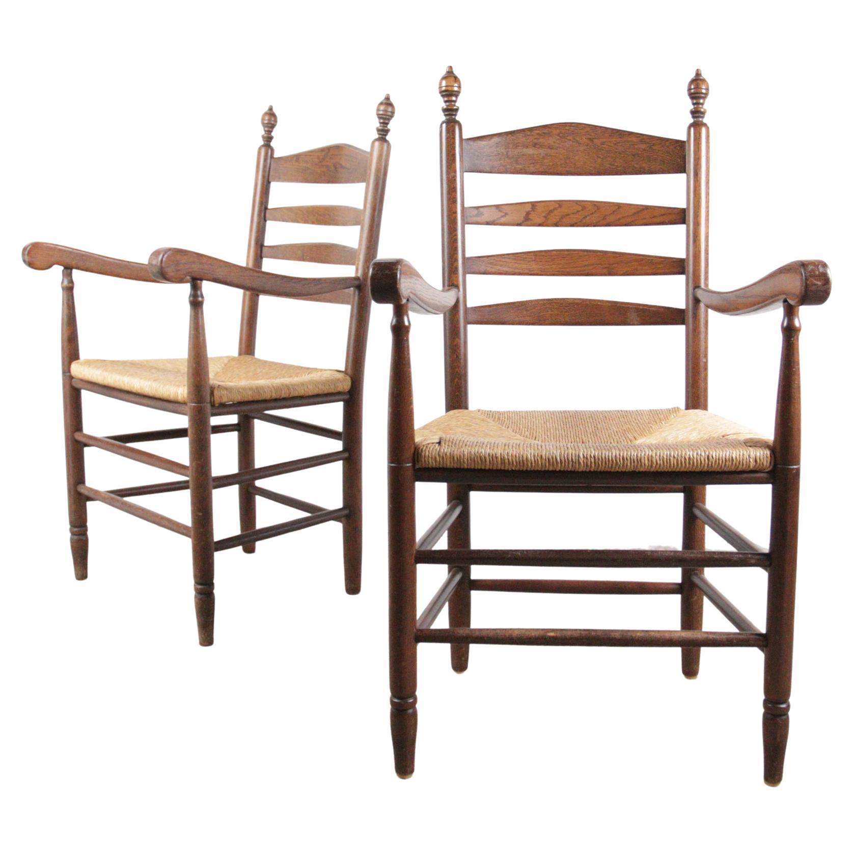 Set of Ten English Oak Ladder Back Chairs with Rush Seats. For Sale at
