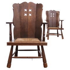 2 Dutch Story Book Brutalist Wabi Sabi Oak Rush Lounge Chairs, circa 1935