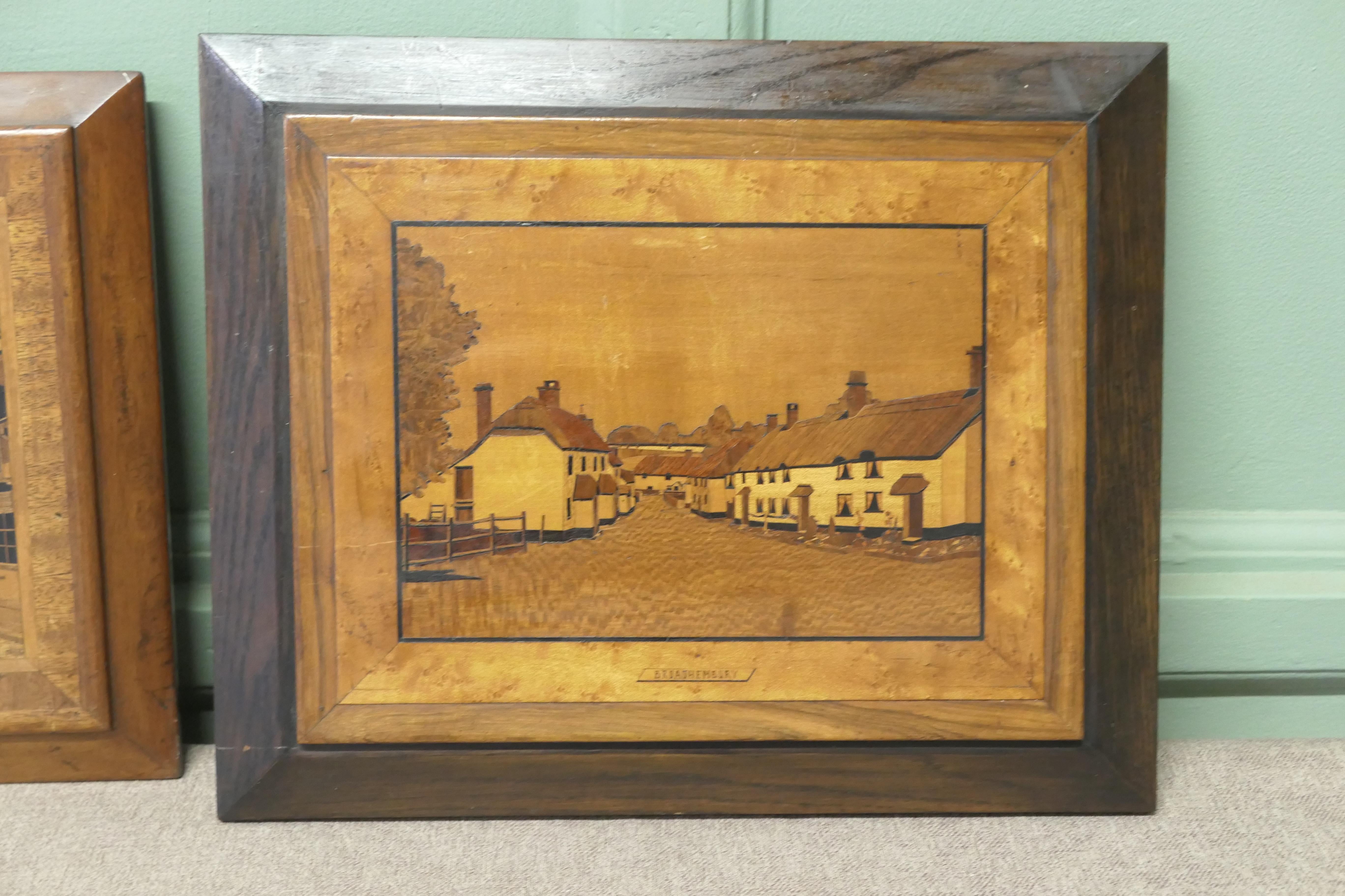 2 Early 20th Century Marquetry Pictures  Laycock 1946, and Broadhembury In Good Condition For Sale In Godshill, Isle of Wight