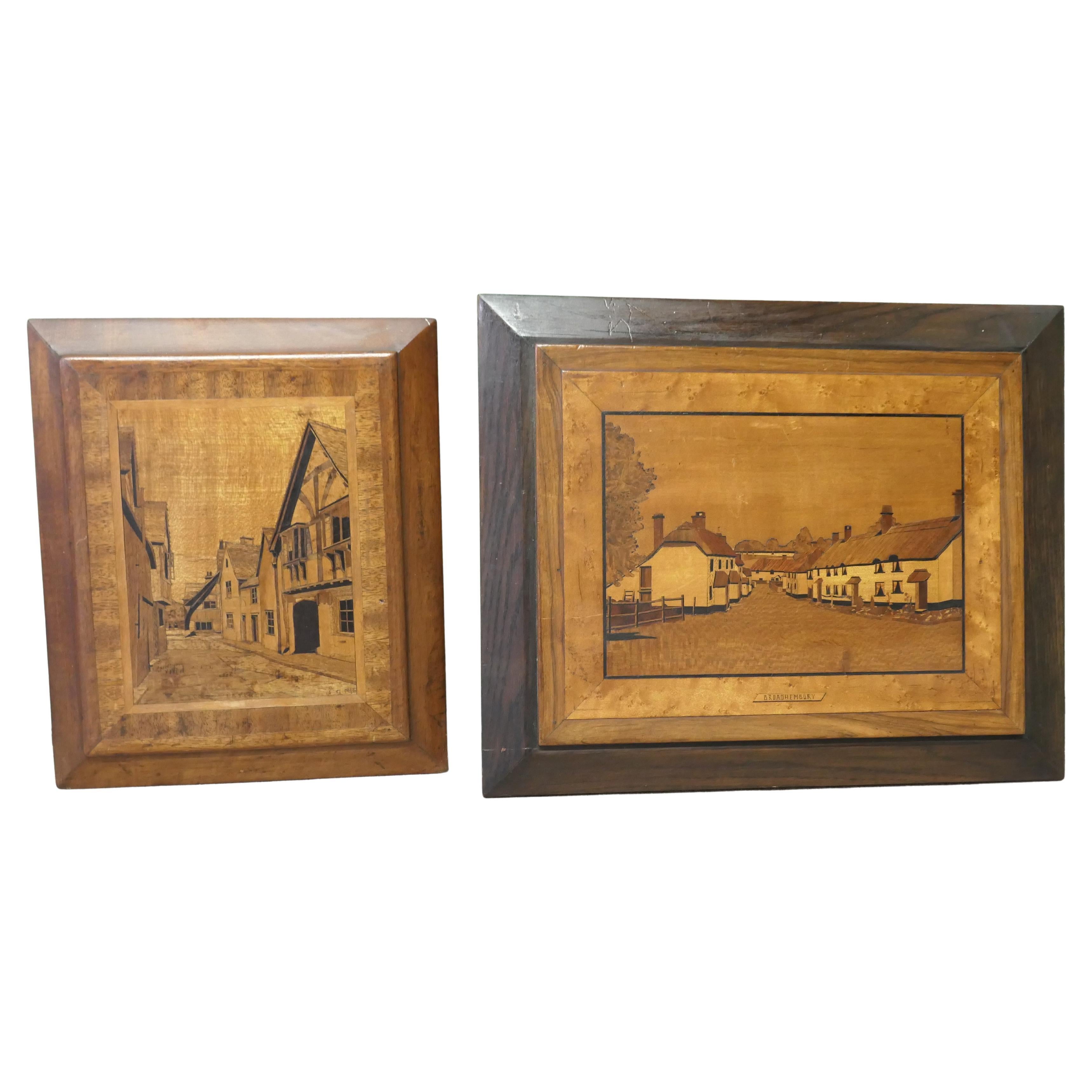 2 Early 20th Century Marquetry Pictures  Laycock 1946, and Broadhembury For Sale